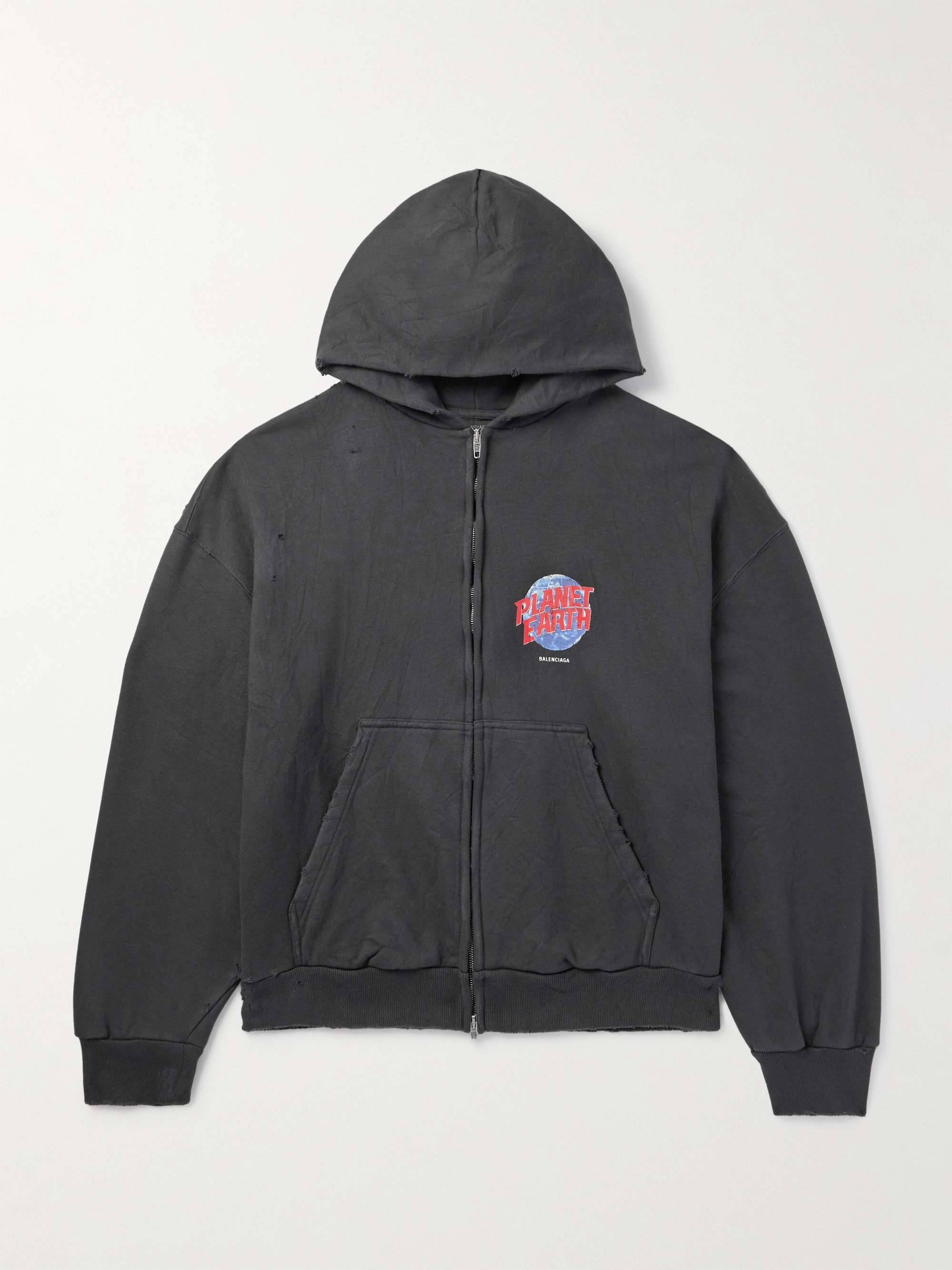 Distressed Logo-Print Cotton-Jersey Zip-Up Hoodie view
