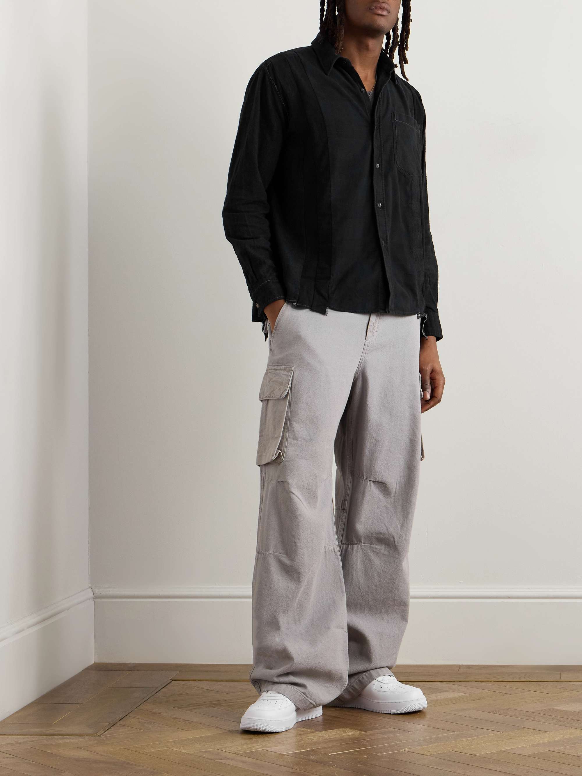 Suede-Trimmed Panelled Brushed-Cotton Overshirt view