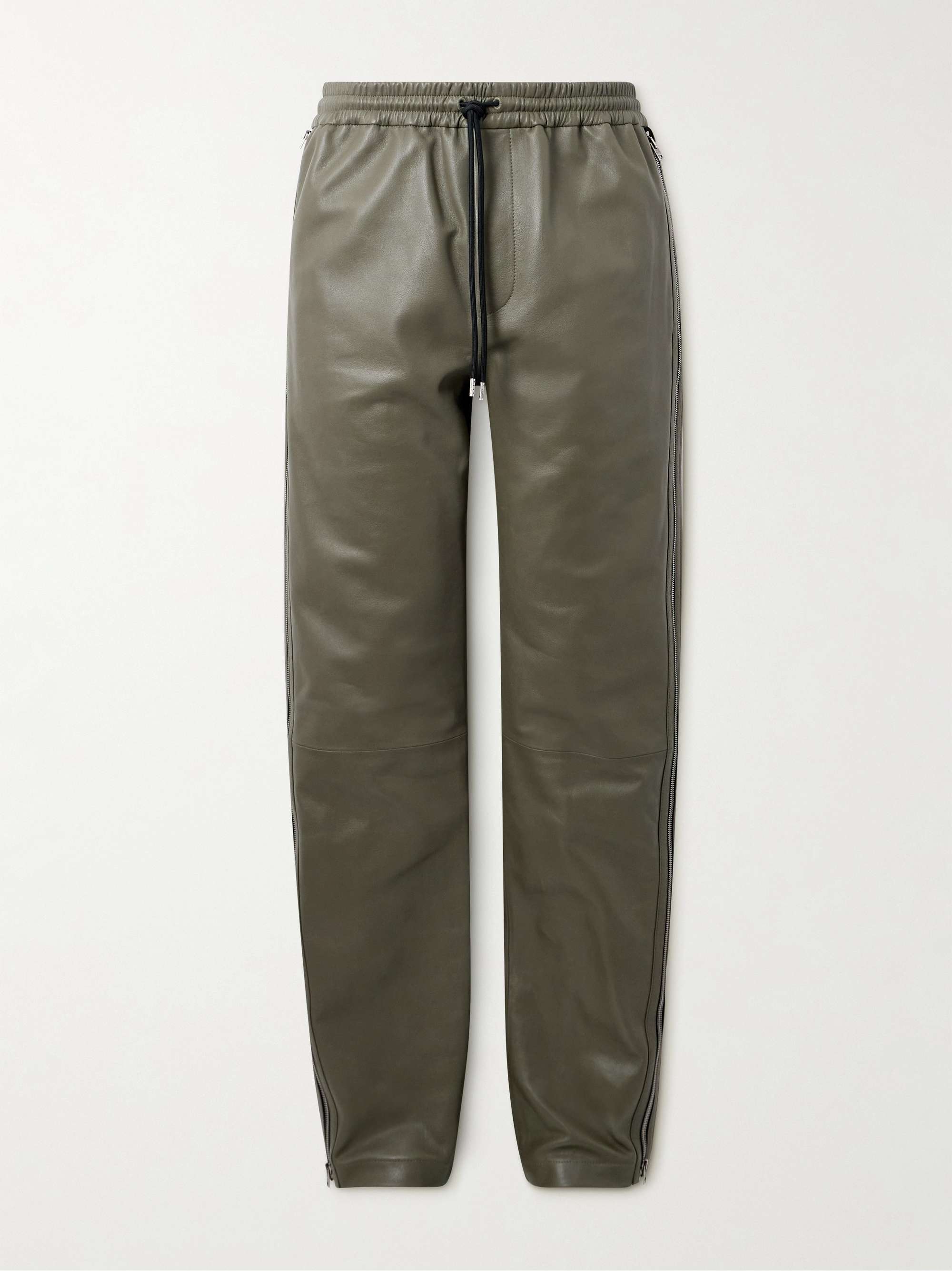 Straight-Leg Zip-Detailed Leather Drawstring Trousers view