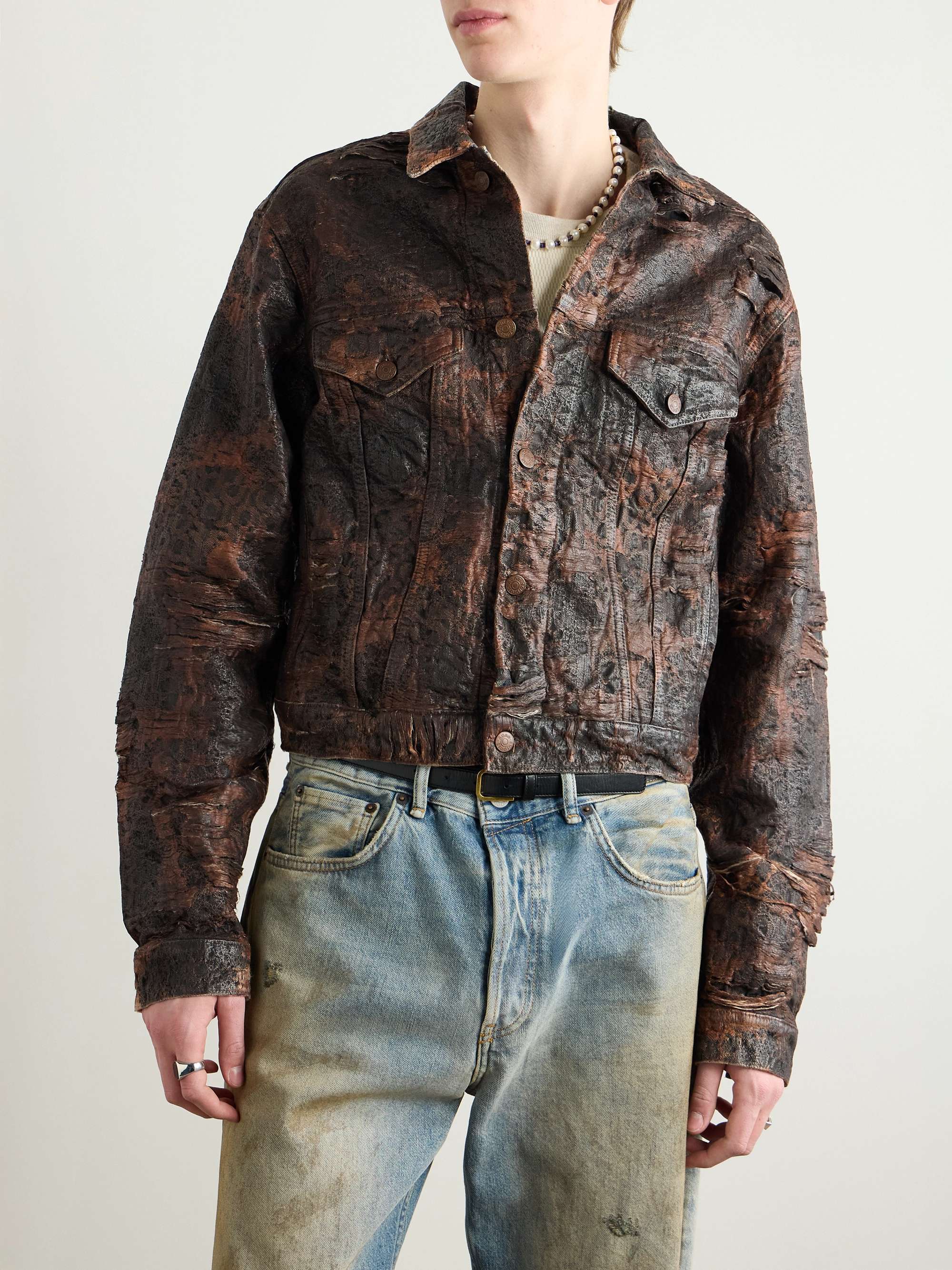 Oraya Slim-Fit Cropped Distressed Coated-Denim Jacket view