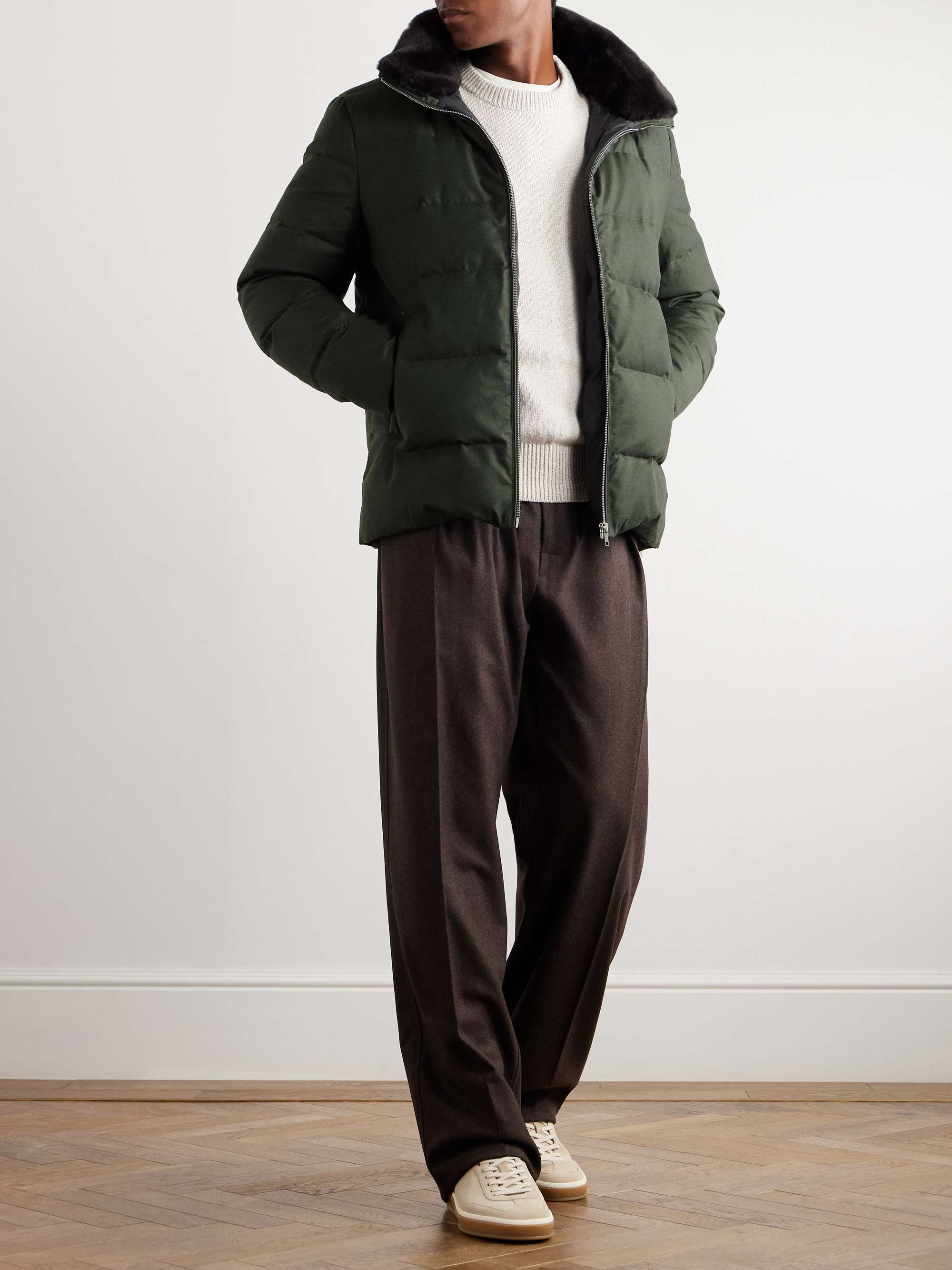 Shearling-Trimmed Quilted Wool and Silk-Blend Hooded Down Jacket view