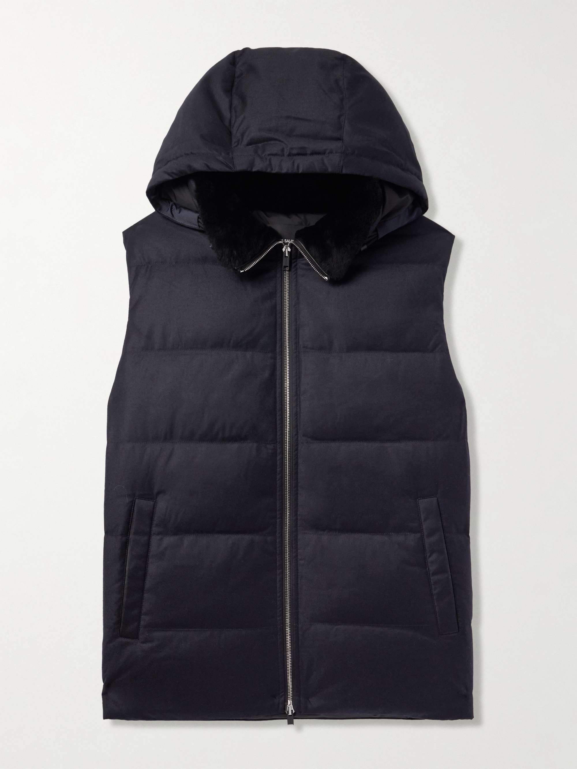 Shearling-Trimmed Quilted Wool and Silk-Blend Hooded Down Gilet view