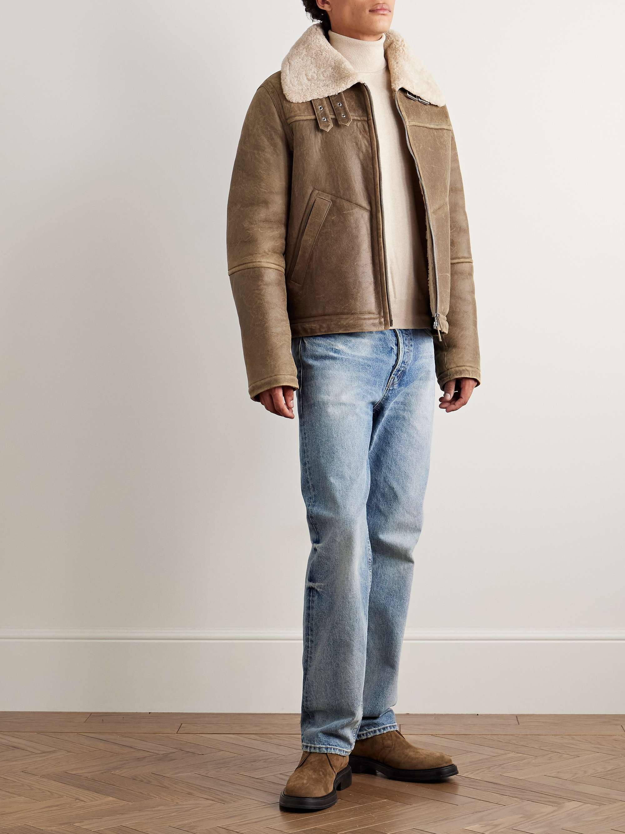 Shearling-Lined Leather Aviator Jacket view