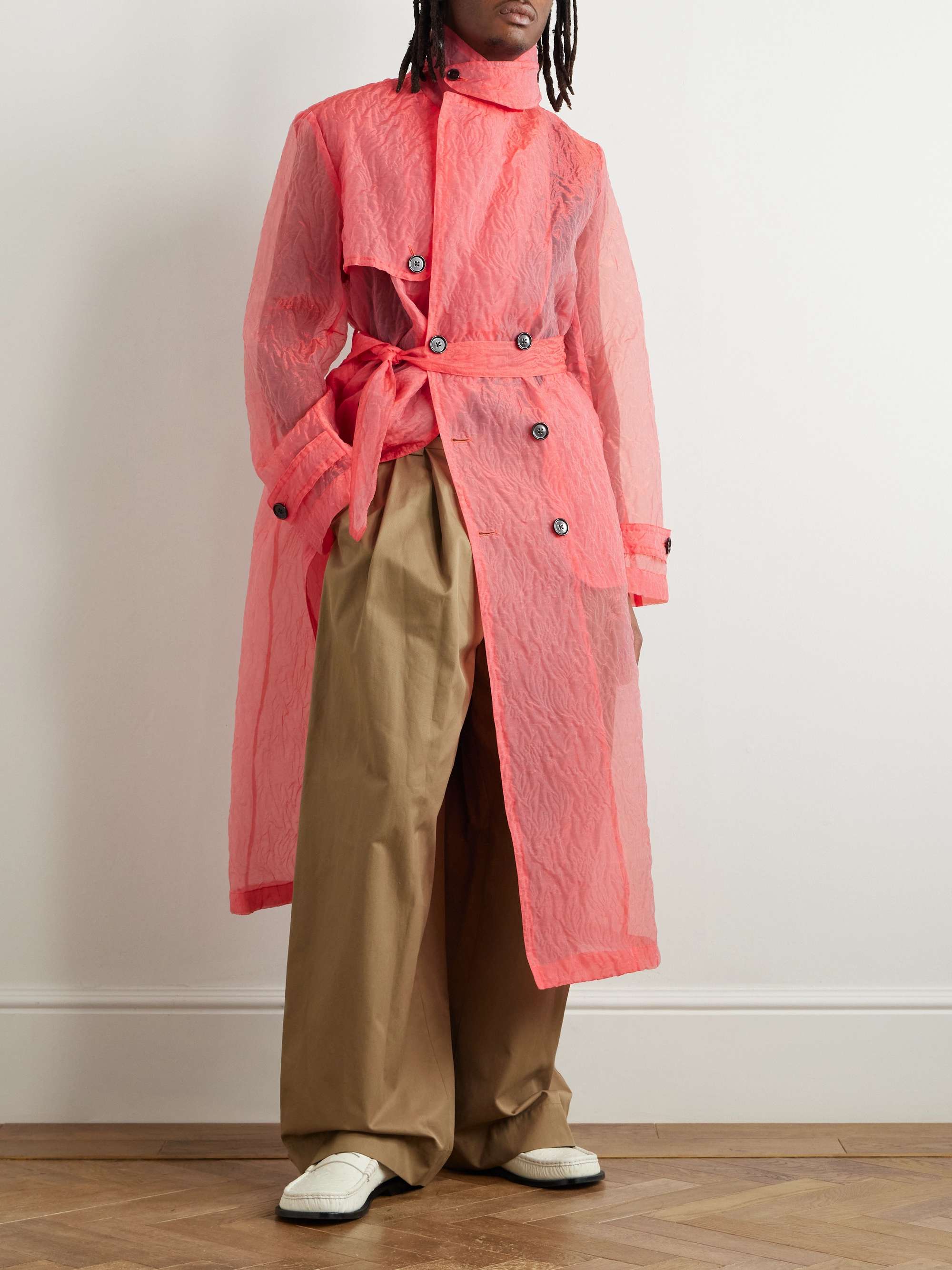 Double-Breasted Crinkled-Organza Trench Coat view