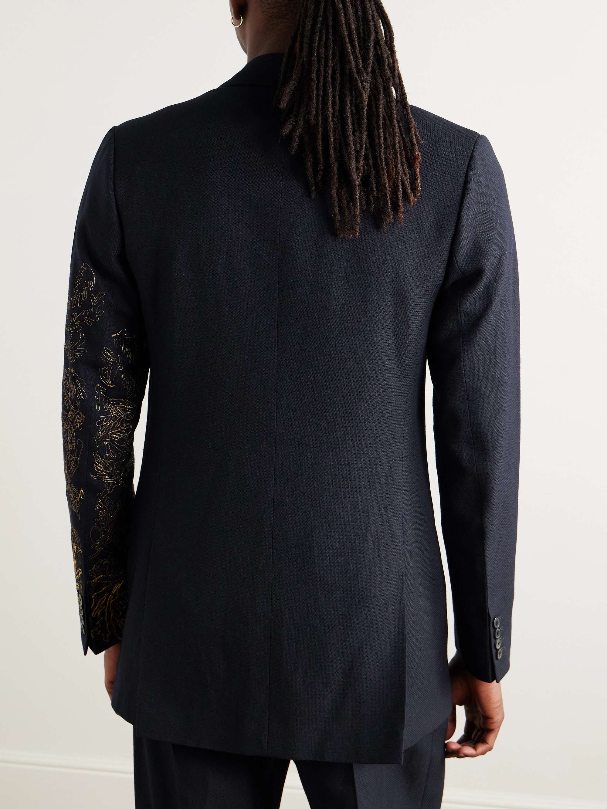 Slim-Fit Double-Breasted Embellished Wool and Linen-Blend Twill Blazer view
