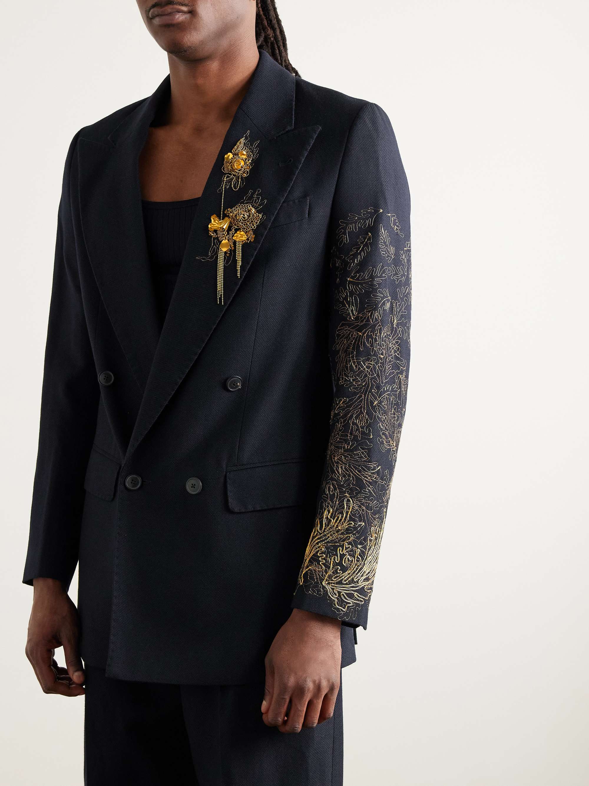 Slim-Fit Double-Breasted Embellished Wool and Linen-Blend Twill Blazer view