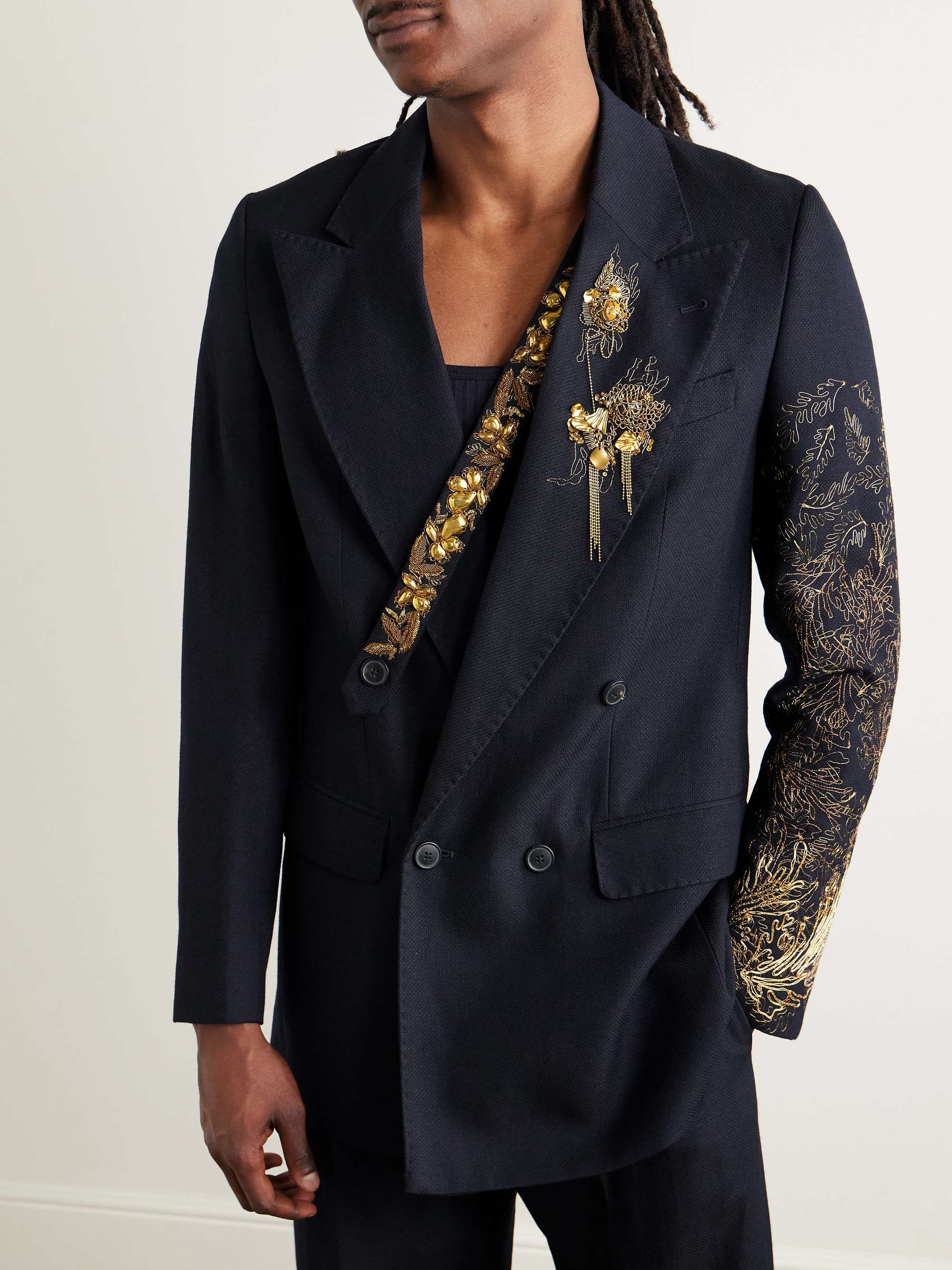 Slim-Fit Double-Breasted Embellished Wool and Linen-Blend Twill Blazer view