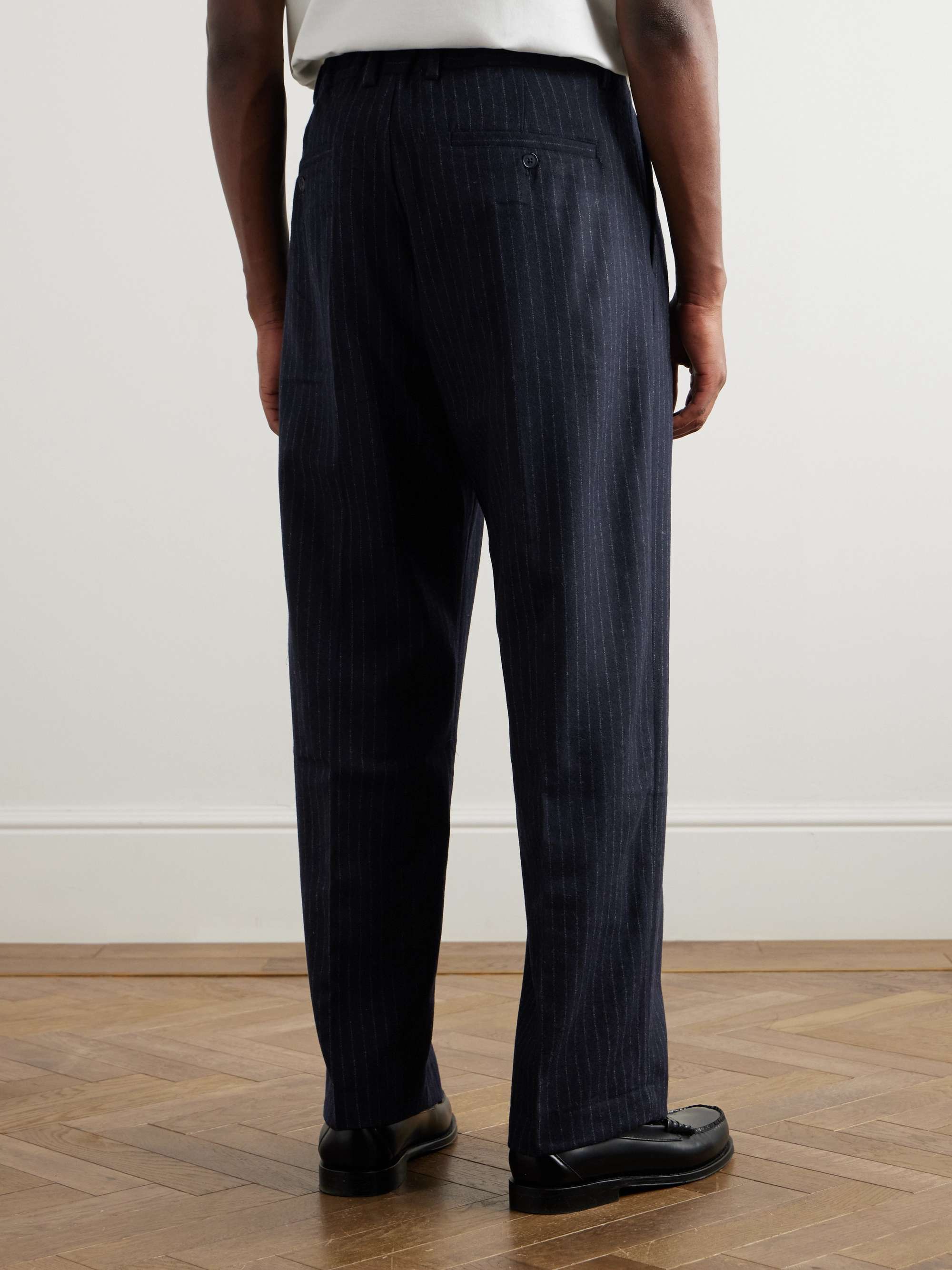 Straight-Leg Pleated Pinstriped Recycled Wool-Blend Trousers view