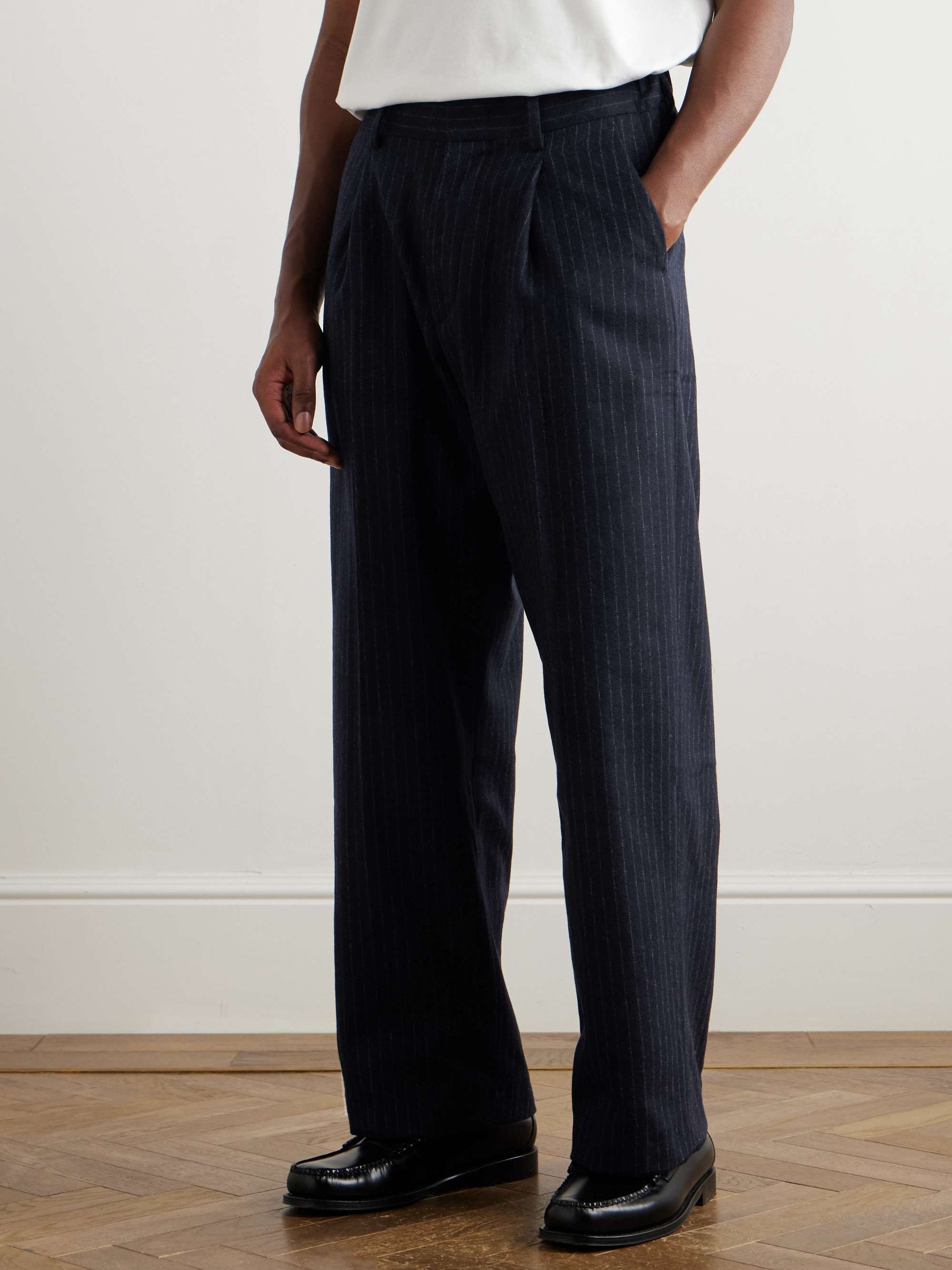 Straight-Leg Pleated Pinstriped Recycled Wool-Blend Trousers view