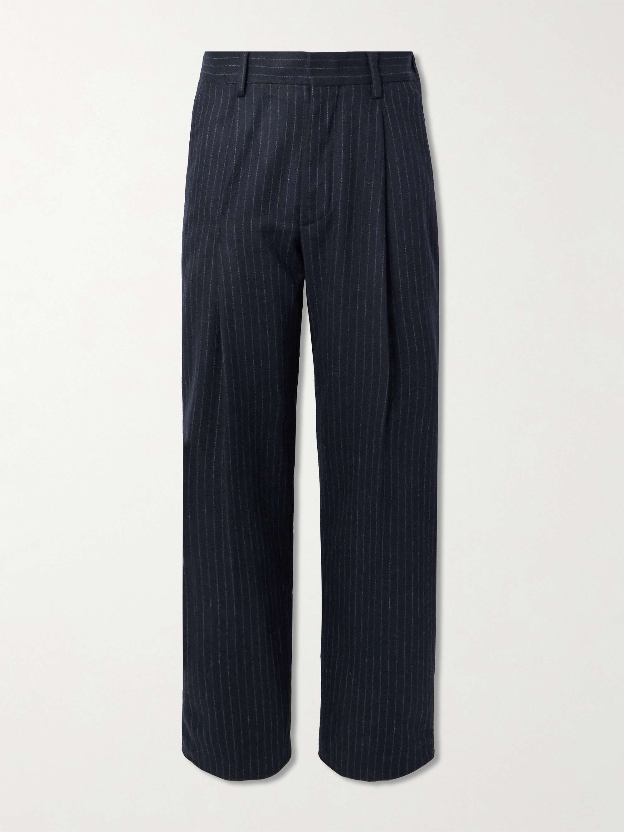 Straight-Leg Pleated Pinstriped Recycled Wool-Blend Trousers view