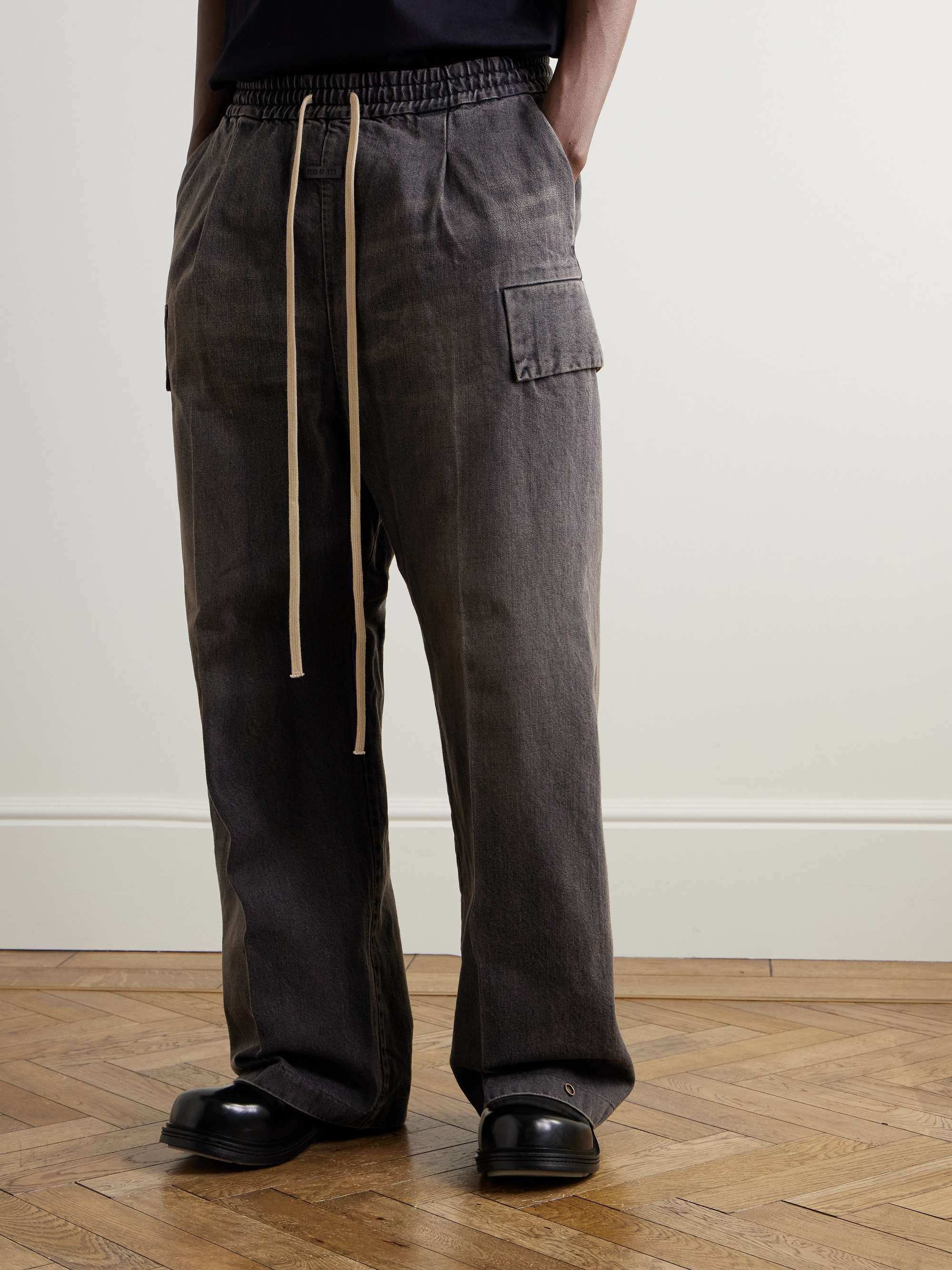 Wide-Leg Denim Drawstring Cargo Trousers view