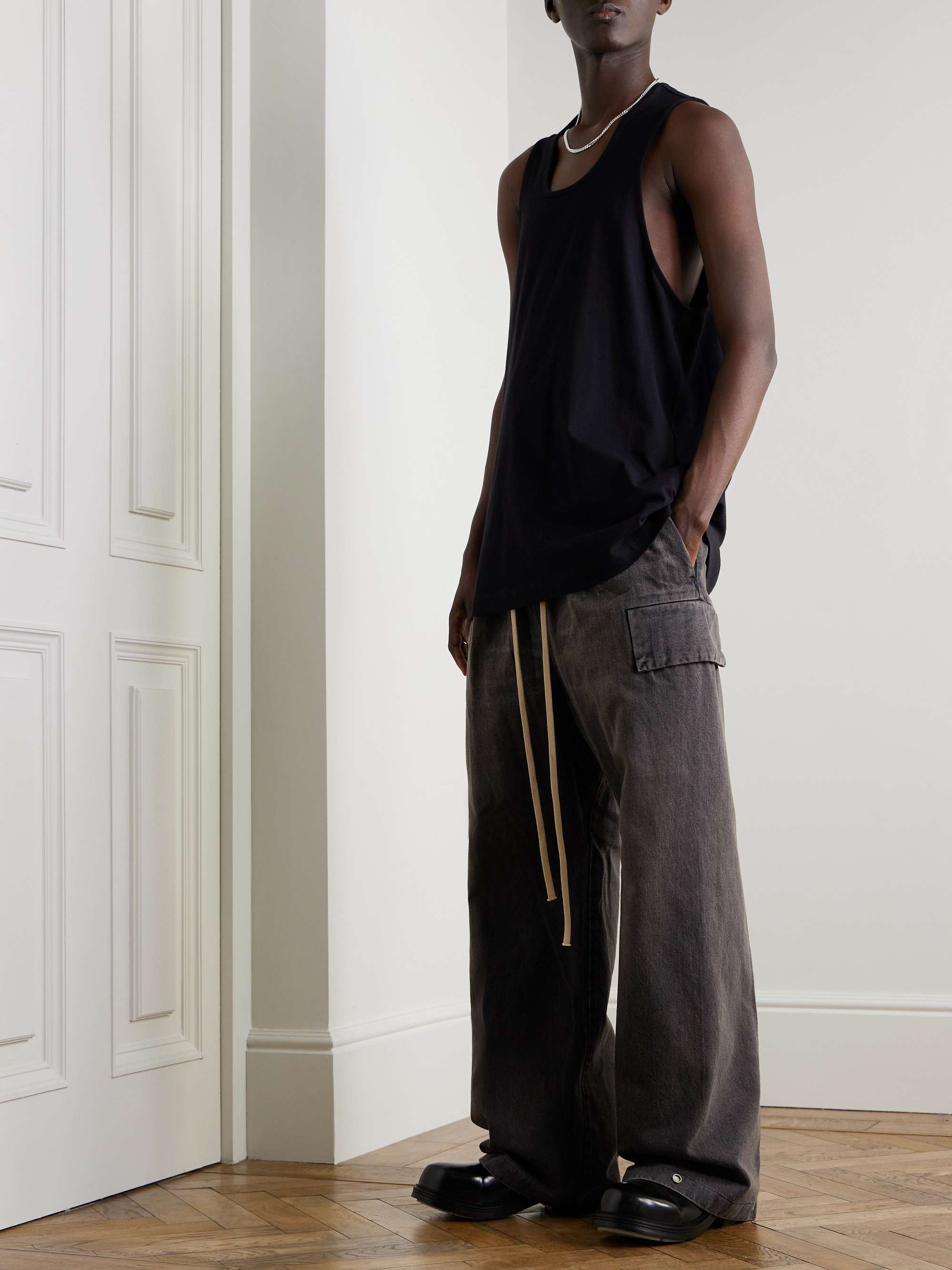 Wide-Leg Denim Drawstring Cargo Trousers view