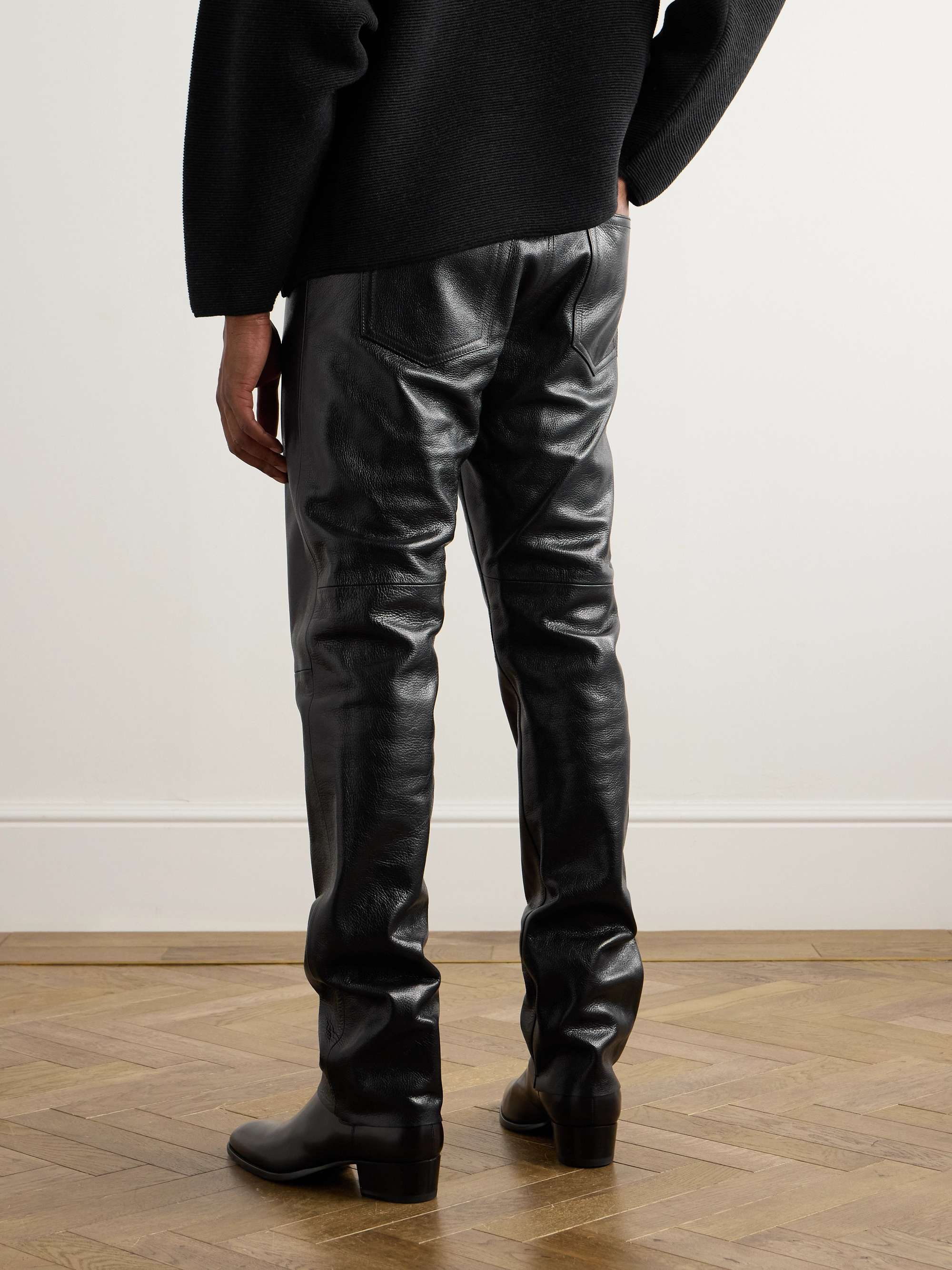 Logo-Appliquéd Straight-Leg Full-Grain Leather Trousers view