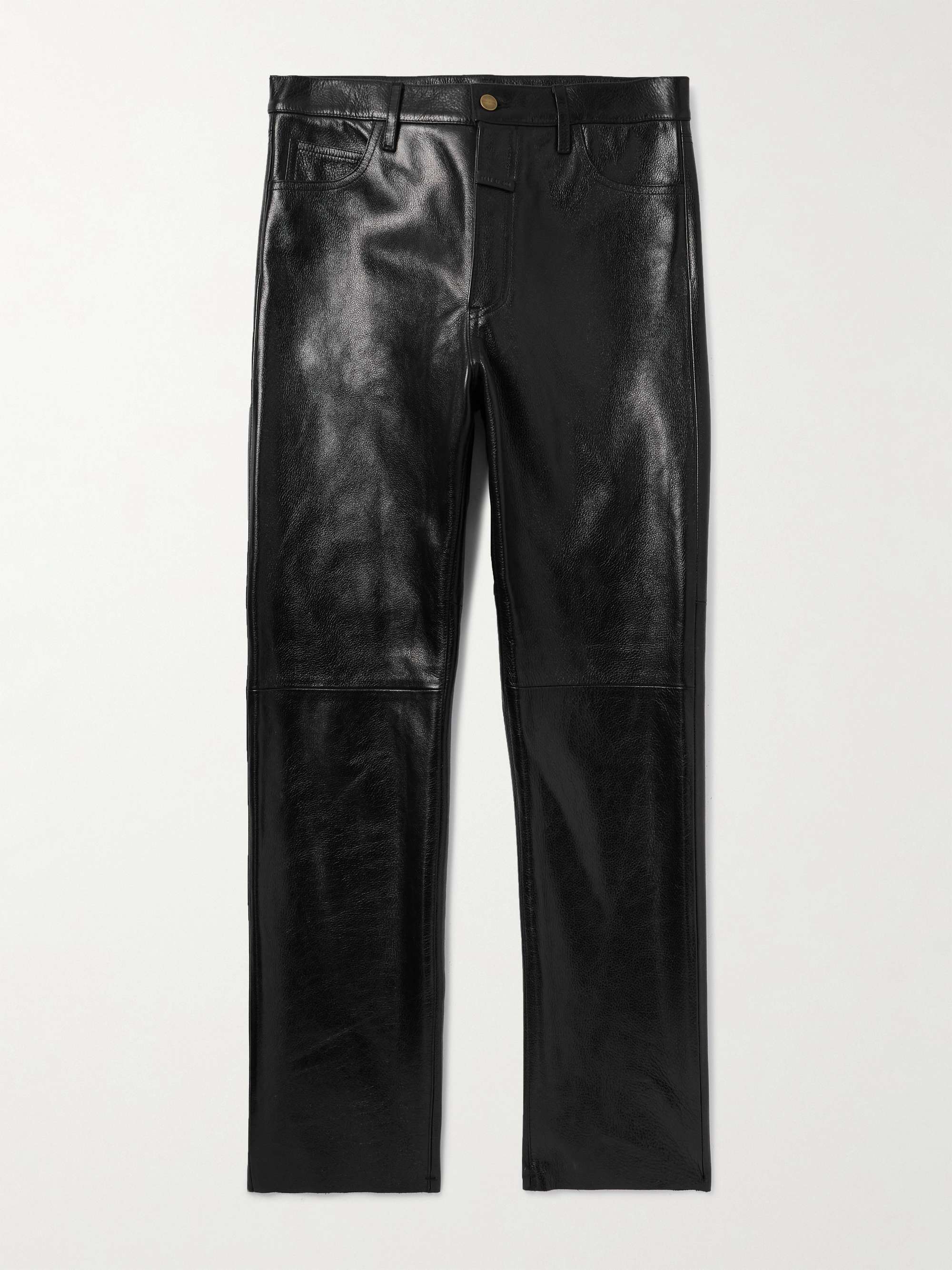 Logo-Appliquéd Straight-Leg Full-Grain Leather Trousers view