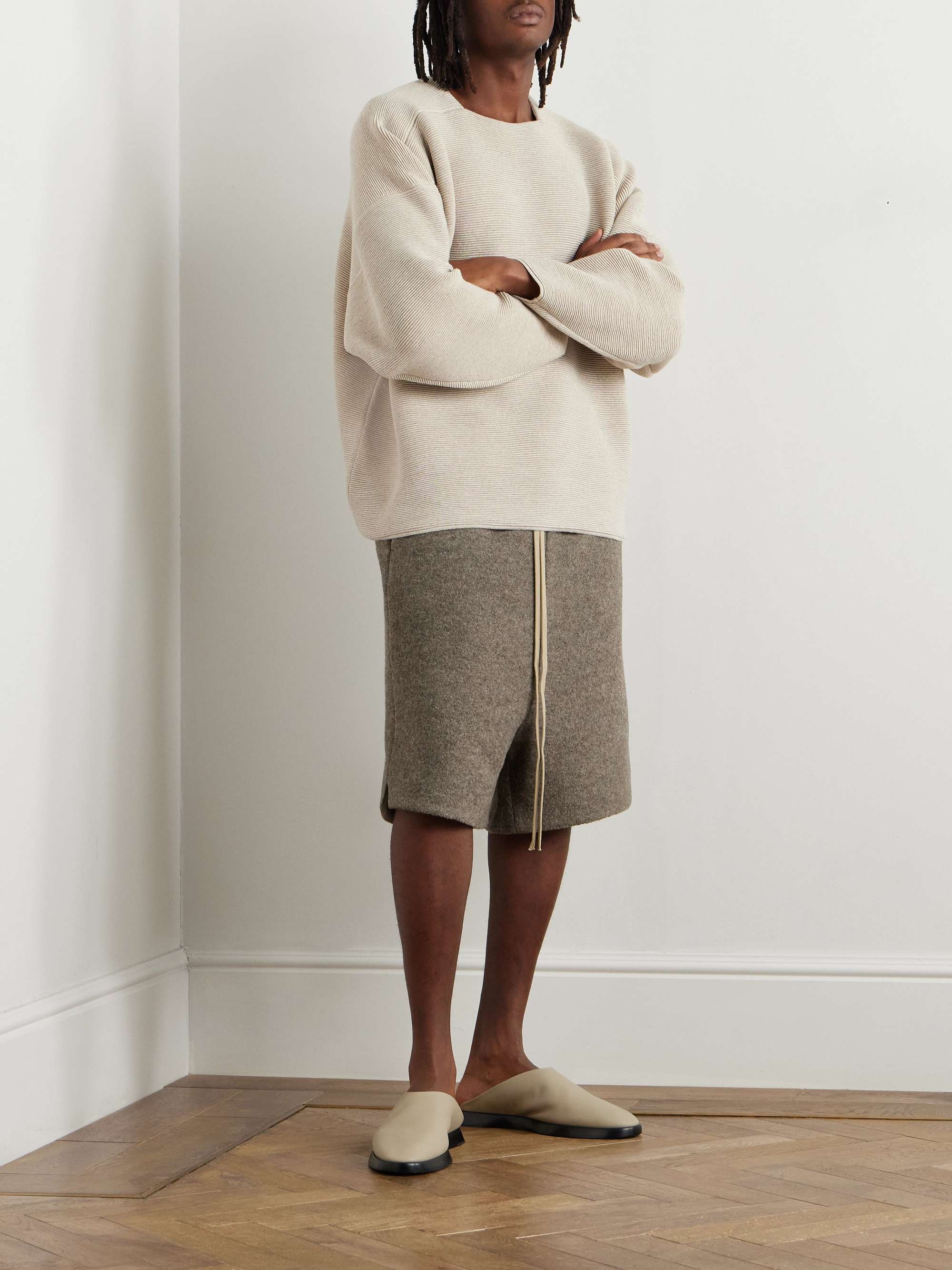 Logo-Appliquéd Boiled Wool-Flannel Drawstring Shorts view