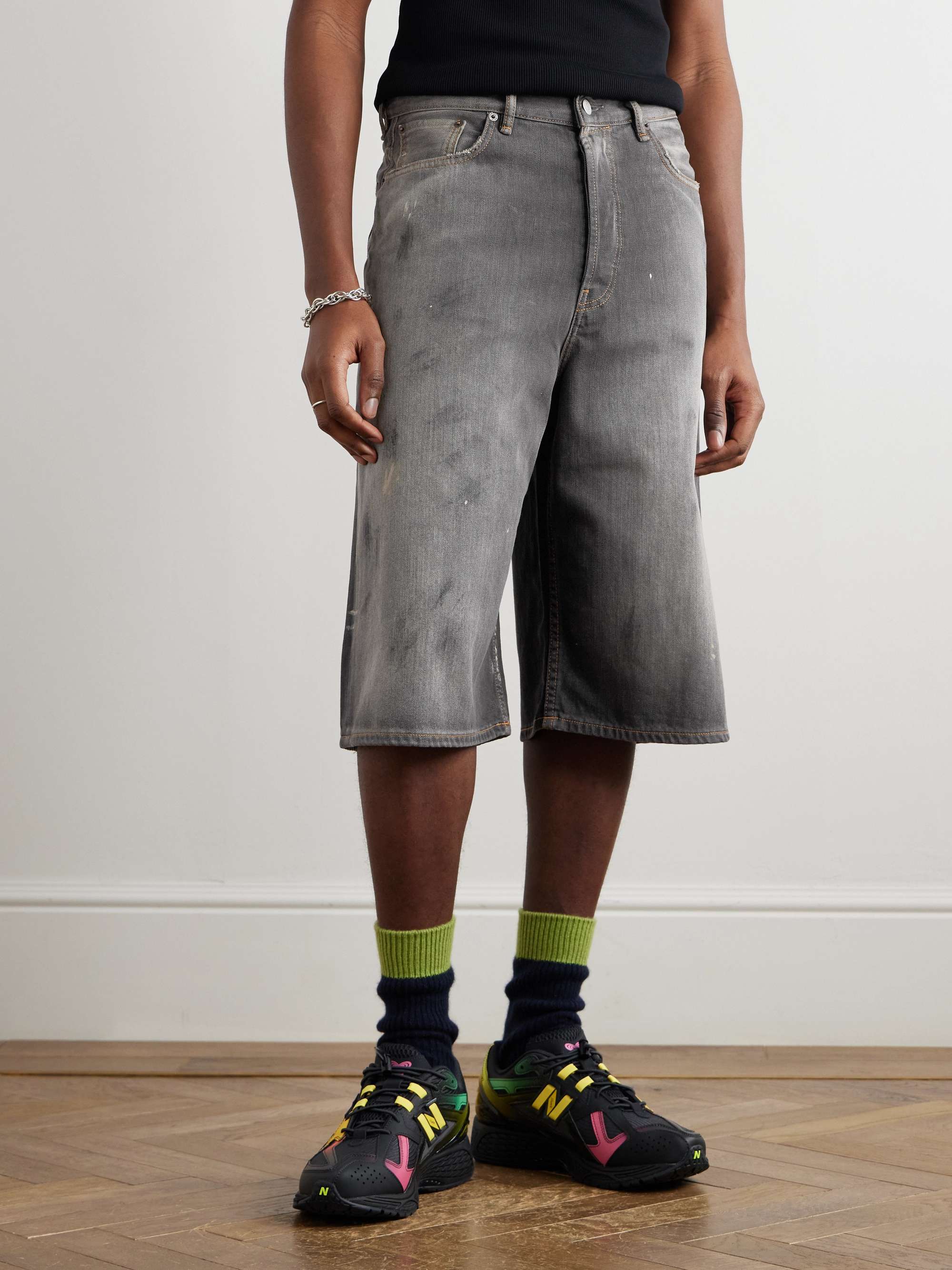 Judda Wide-Leg Distressed Paint-Splattered Denim Shorts view