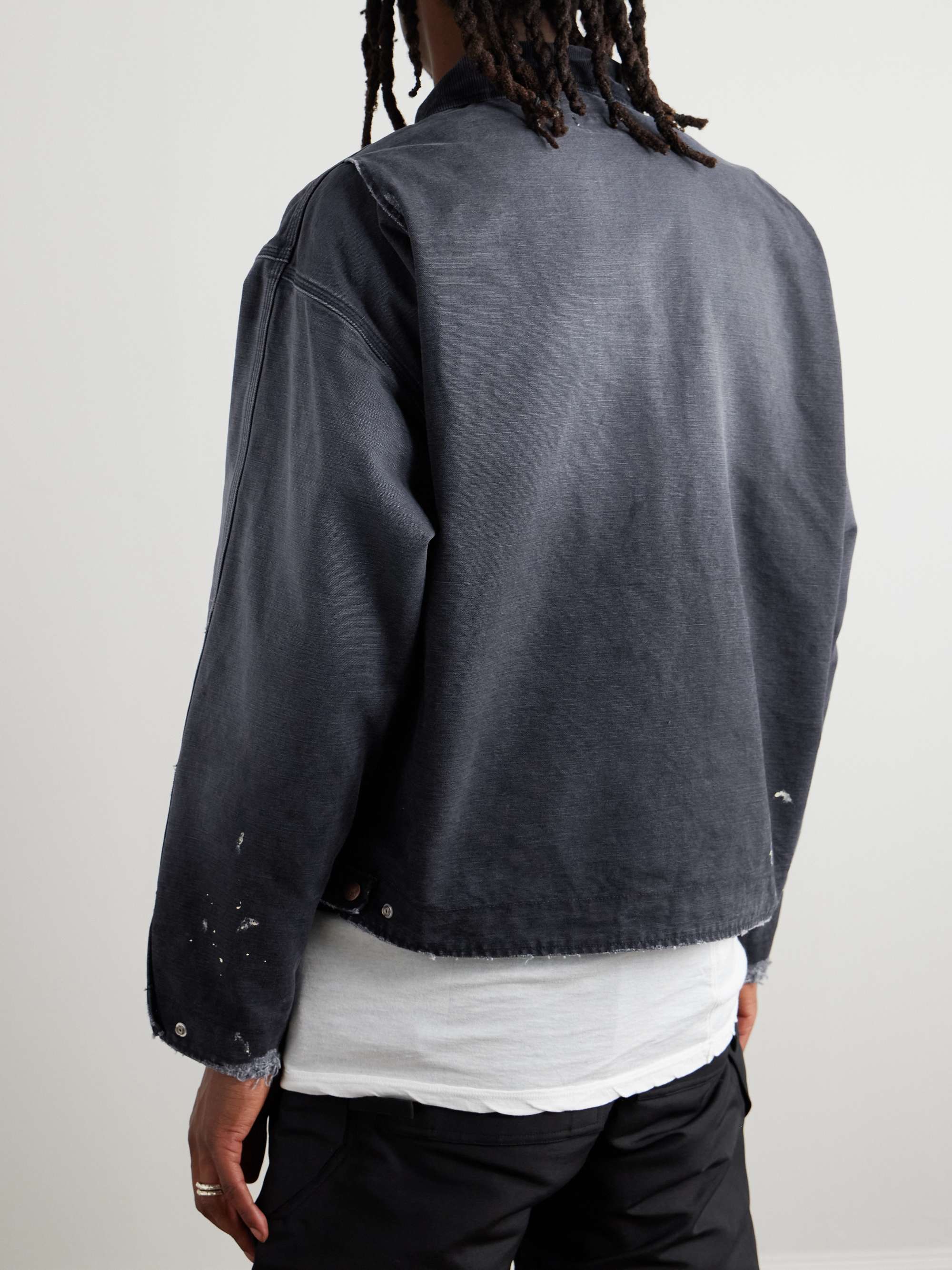 Corduroy-Trimmed Logo-Embroidered Distressed Cotton-Canvas Jacket view