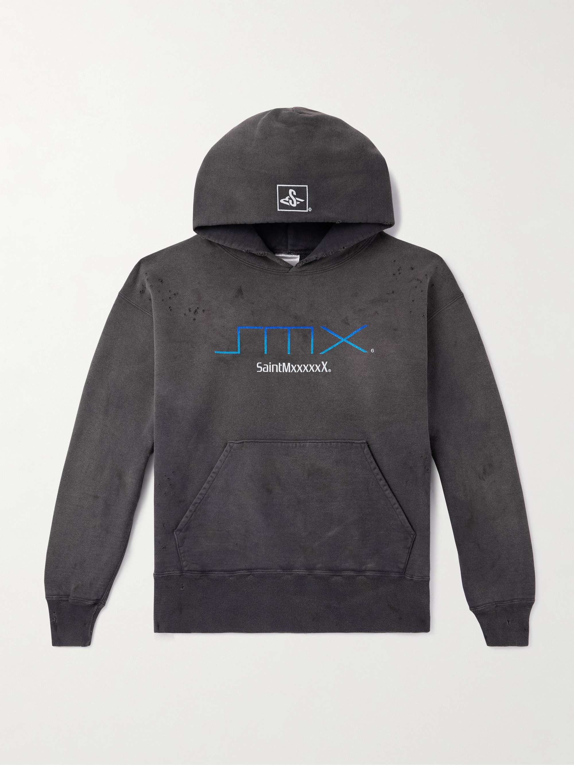 SMX6 Distressed Logo-Print Cotton-Jersey Hoodie view