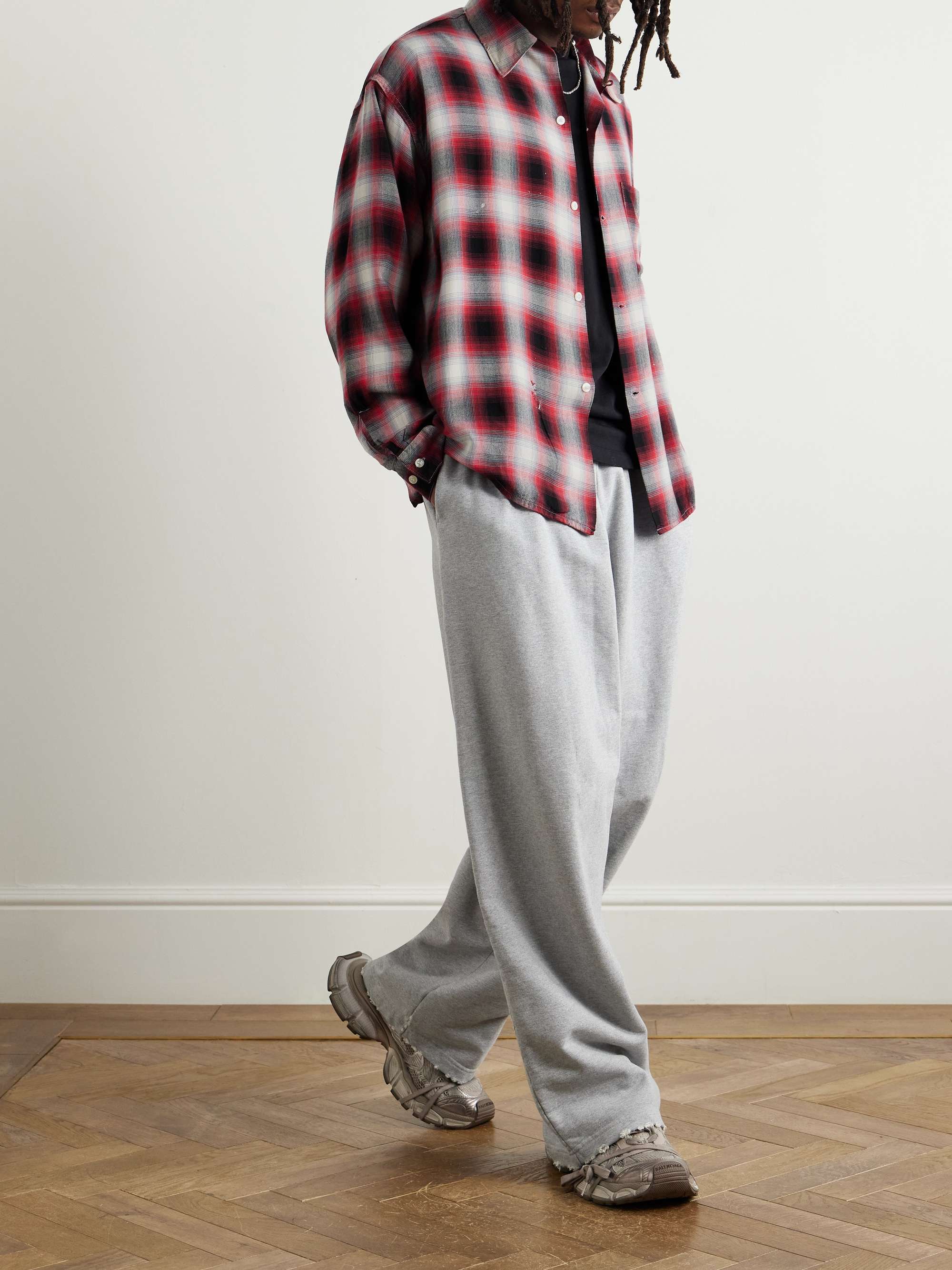 + LASTMAN Convertible-Collar Distressed Paint-Splattered Checked Oxford Shirt view