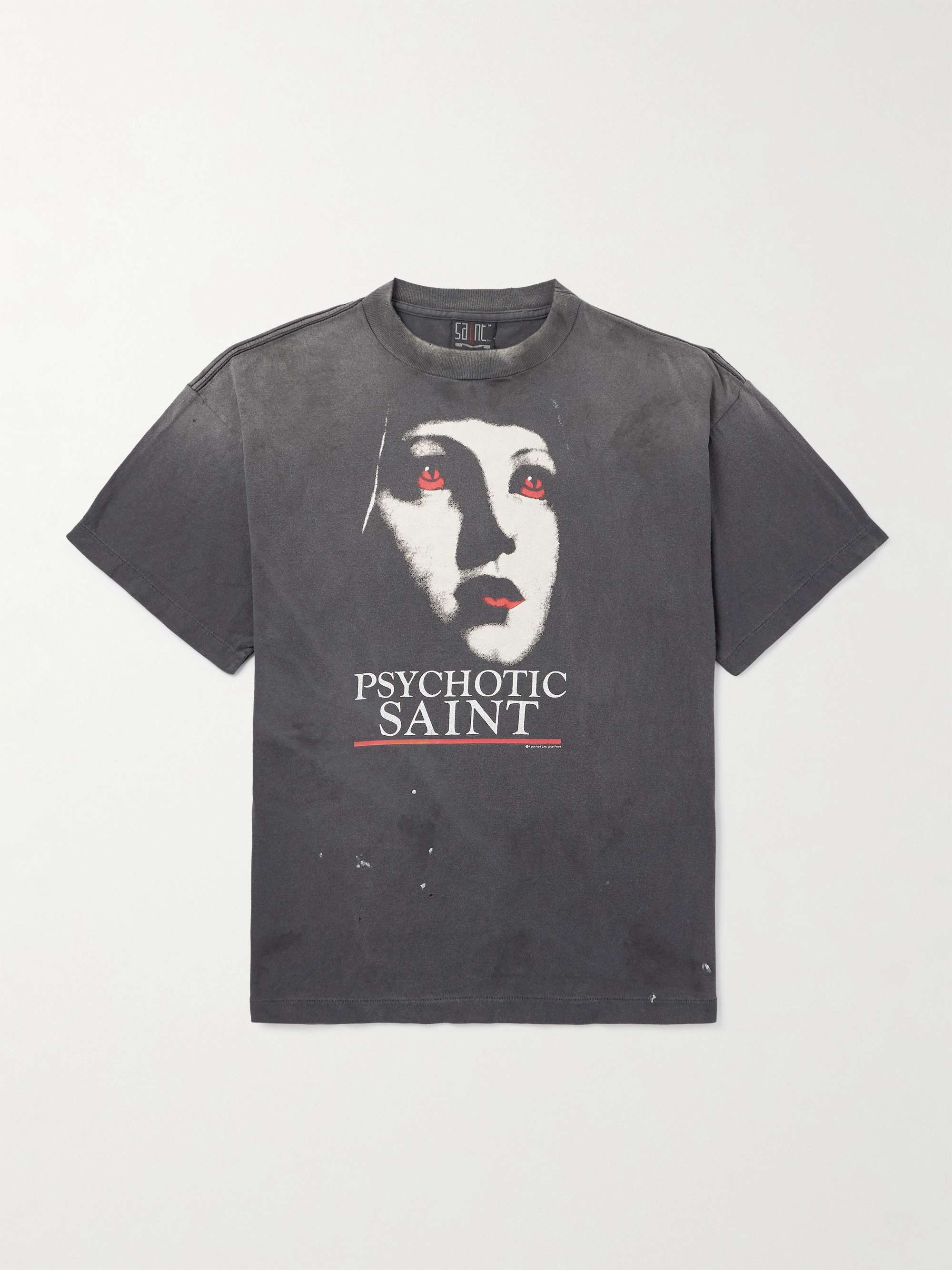 Psychotic Saint Distressed Printed Cotton-Jersey T-Shirt view