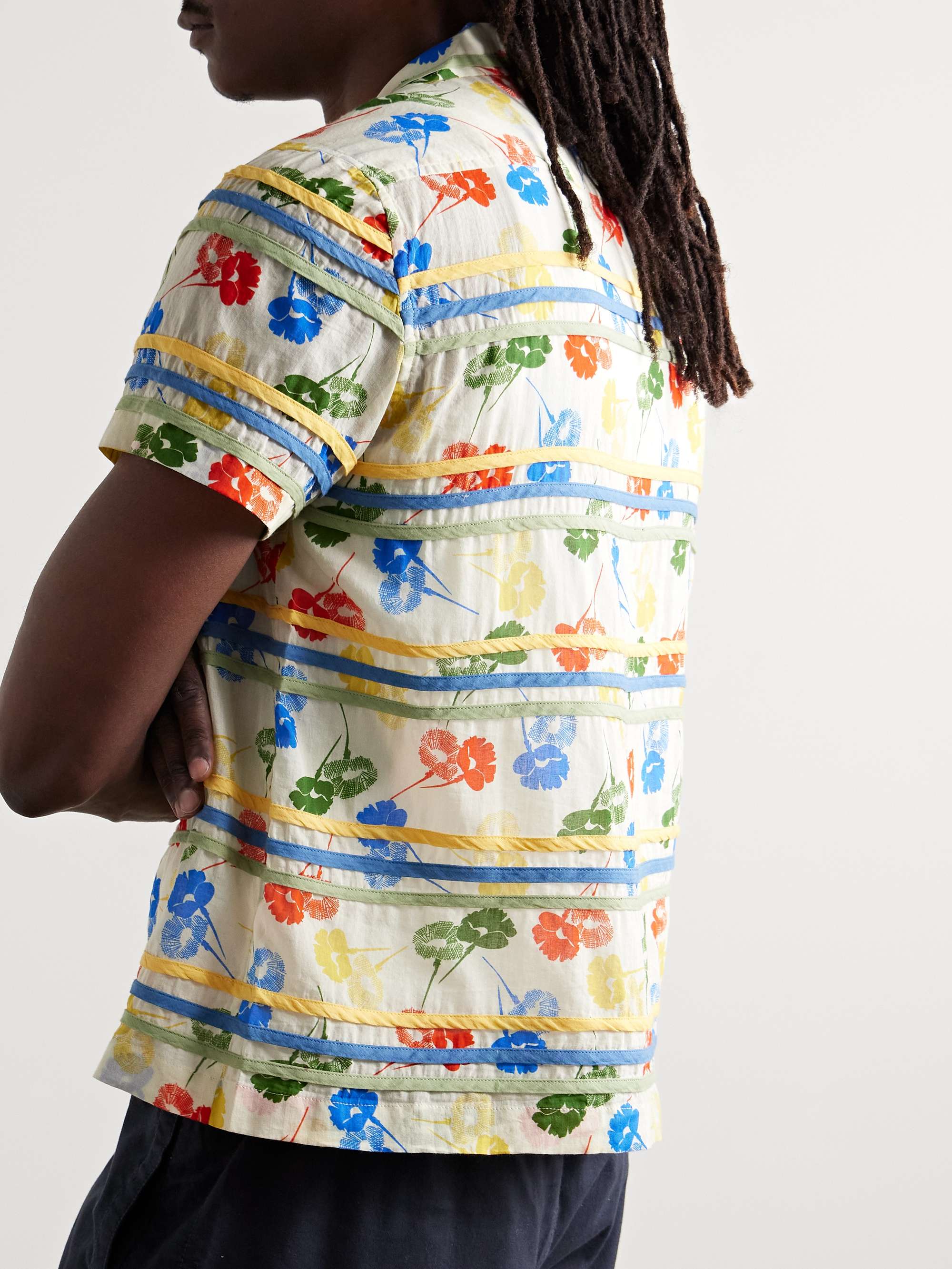 Flower Stamp Camp-Collar Appliquéd Printed Cotton-Gauze Shirt view