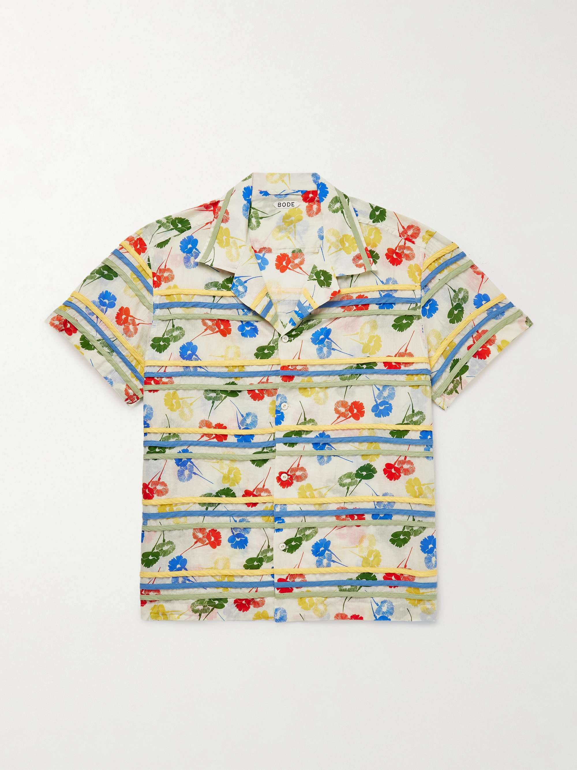 Flower Stamp Camp-Collar Appliquéd Printed Cotton-Gauze Shirt view