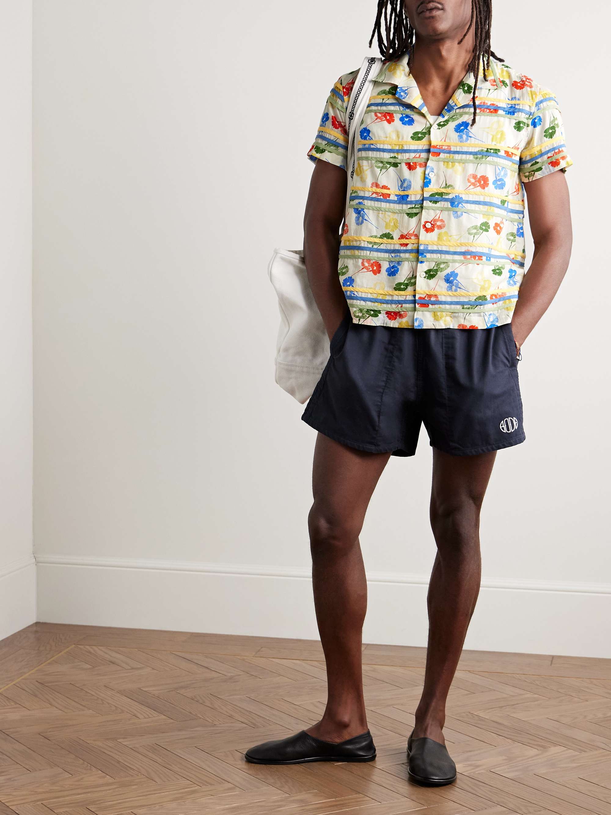 Flower Stamp Camp-Collar Appliquéd Printed Cotton-Gauze Shirt view