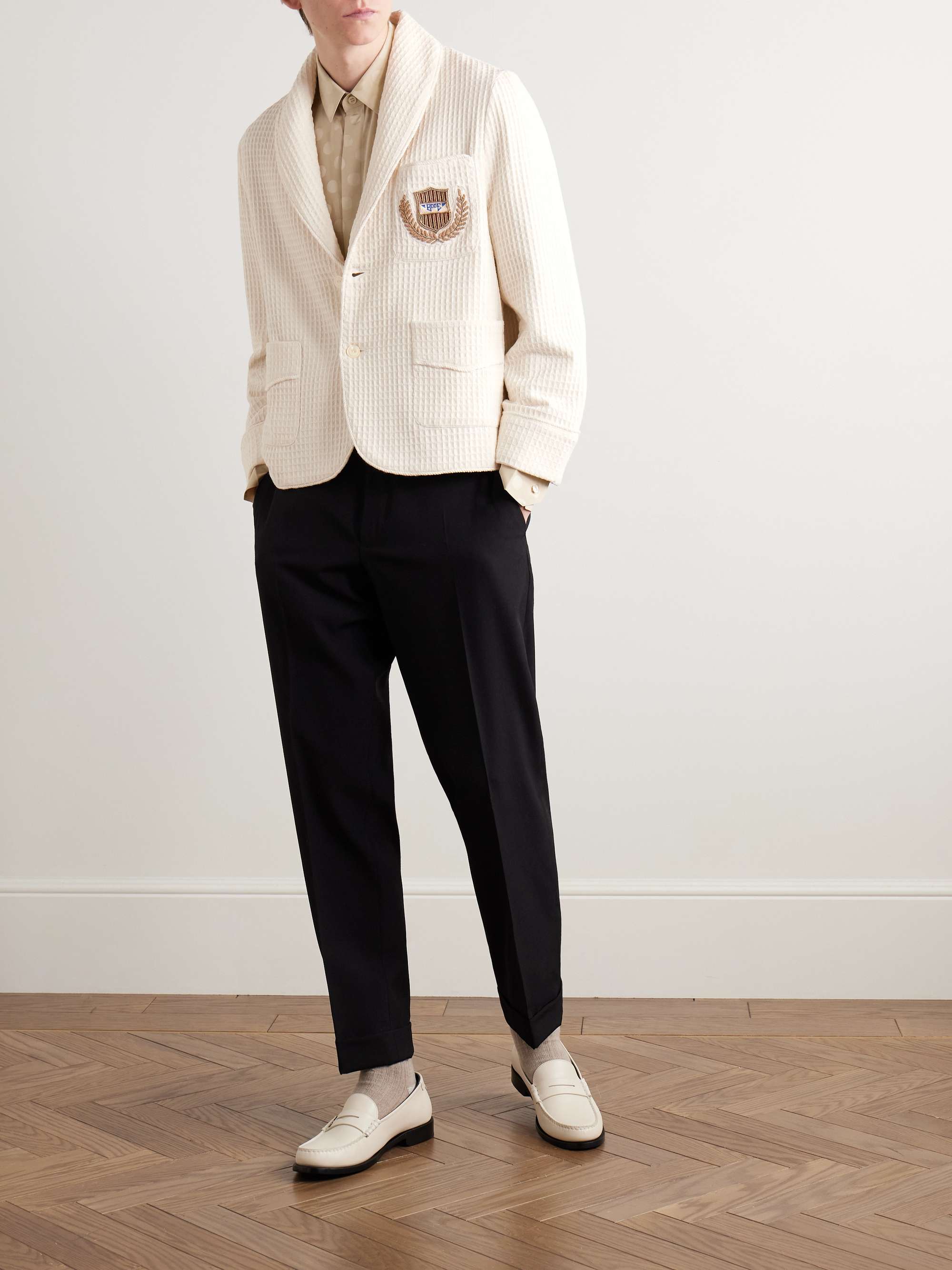 Shawl-Collar Embellished Waffle-Knit Cotton Blazer view