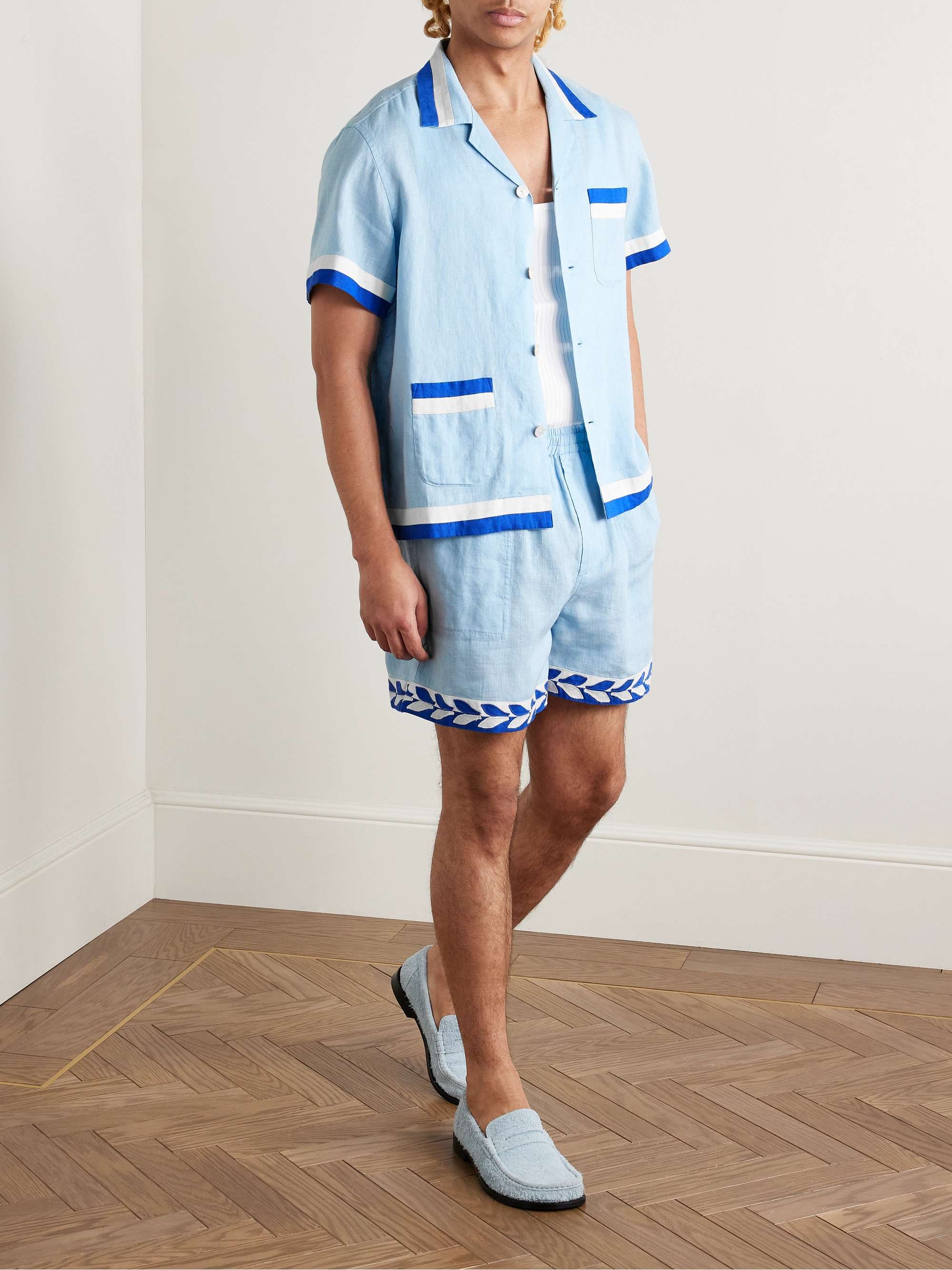 Seedling Stripe Camp-Collar Appliquéd Linen Shirt view
