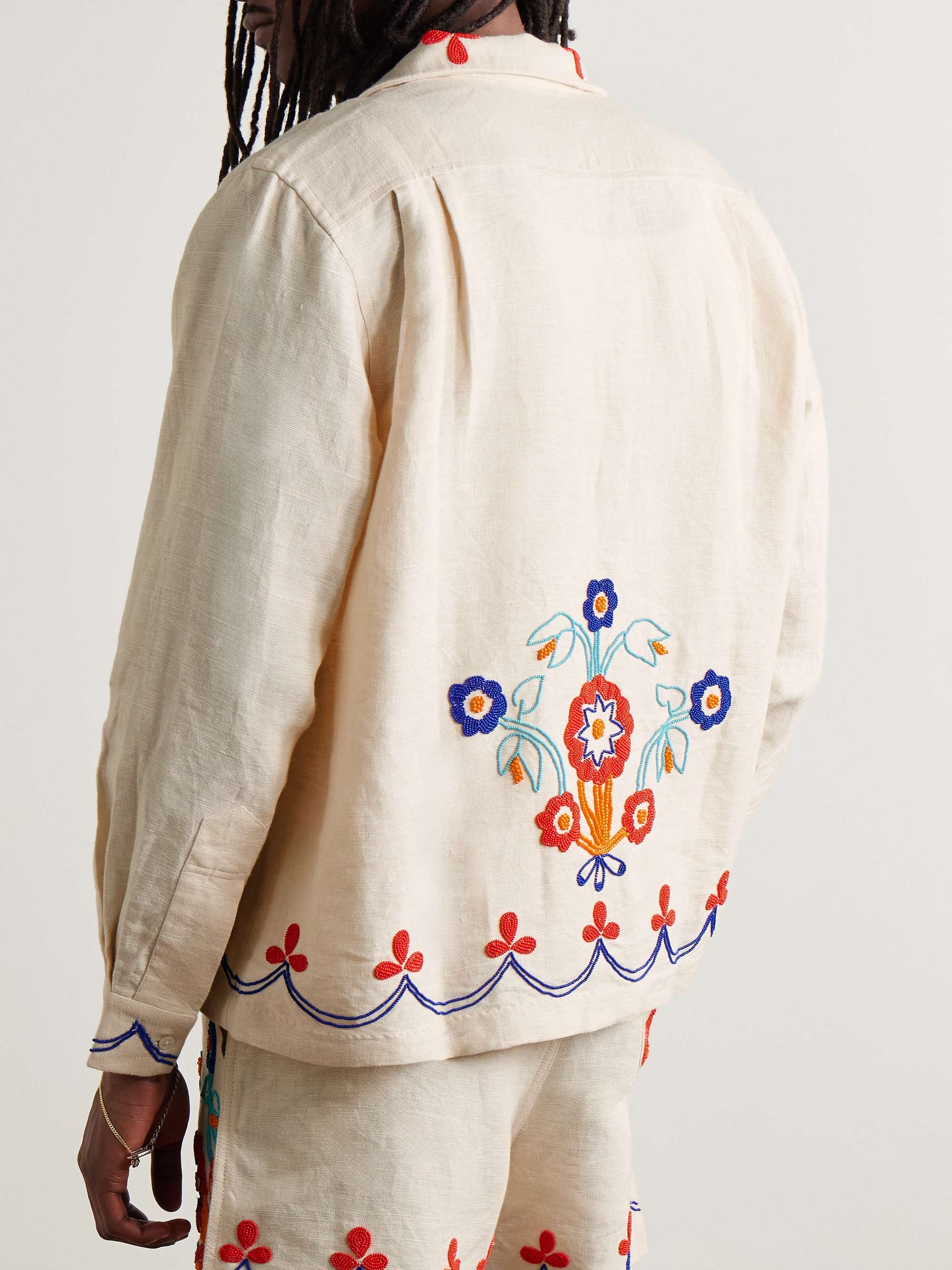 Garden Party Camp-Collar Bead-Embellished Linen Shirt view