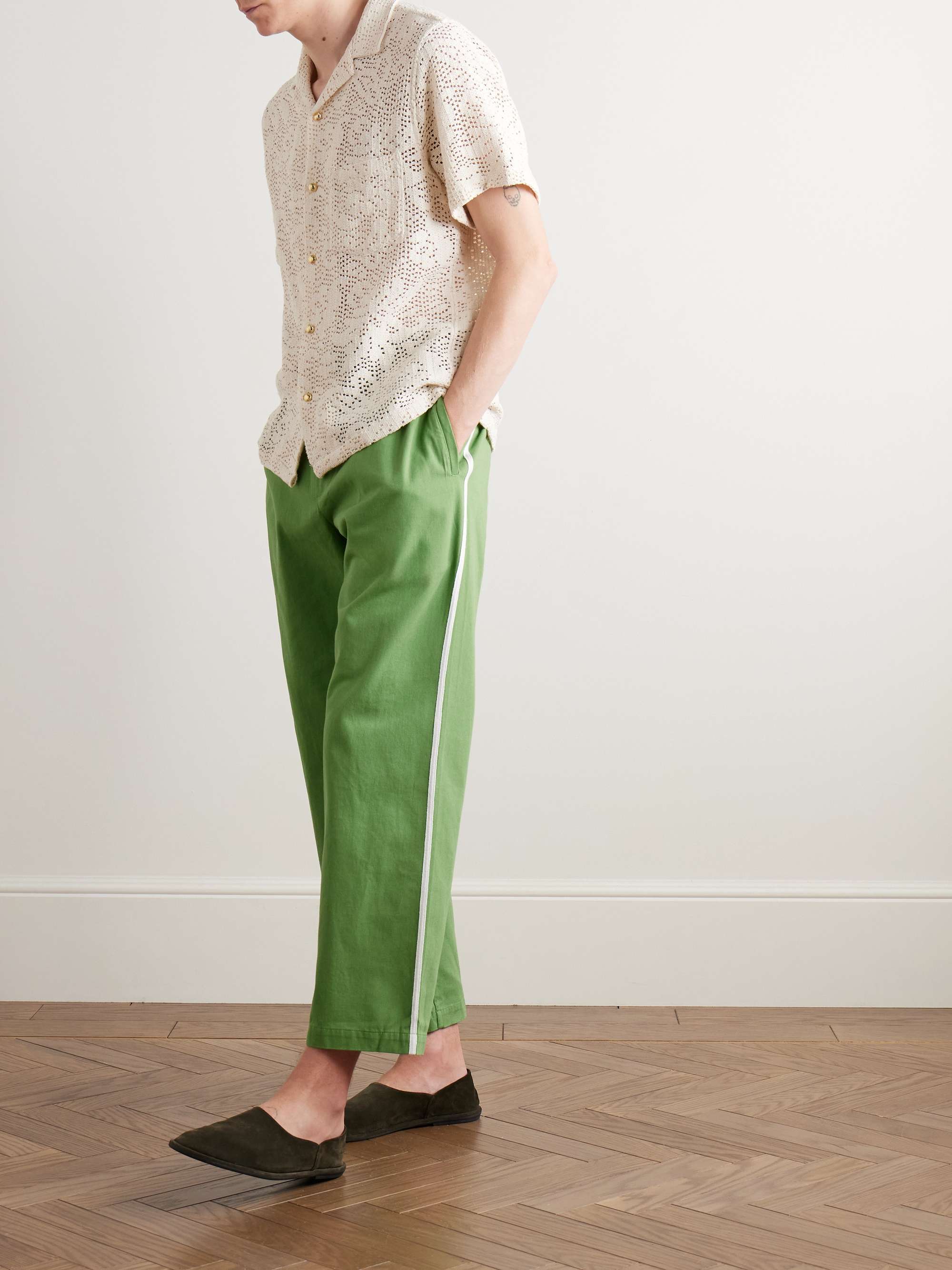 Straight-Leg Striped Cotton-Twill Drawstring Trousers view