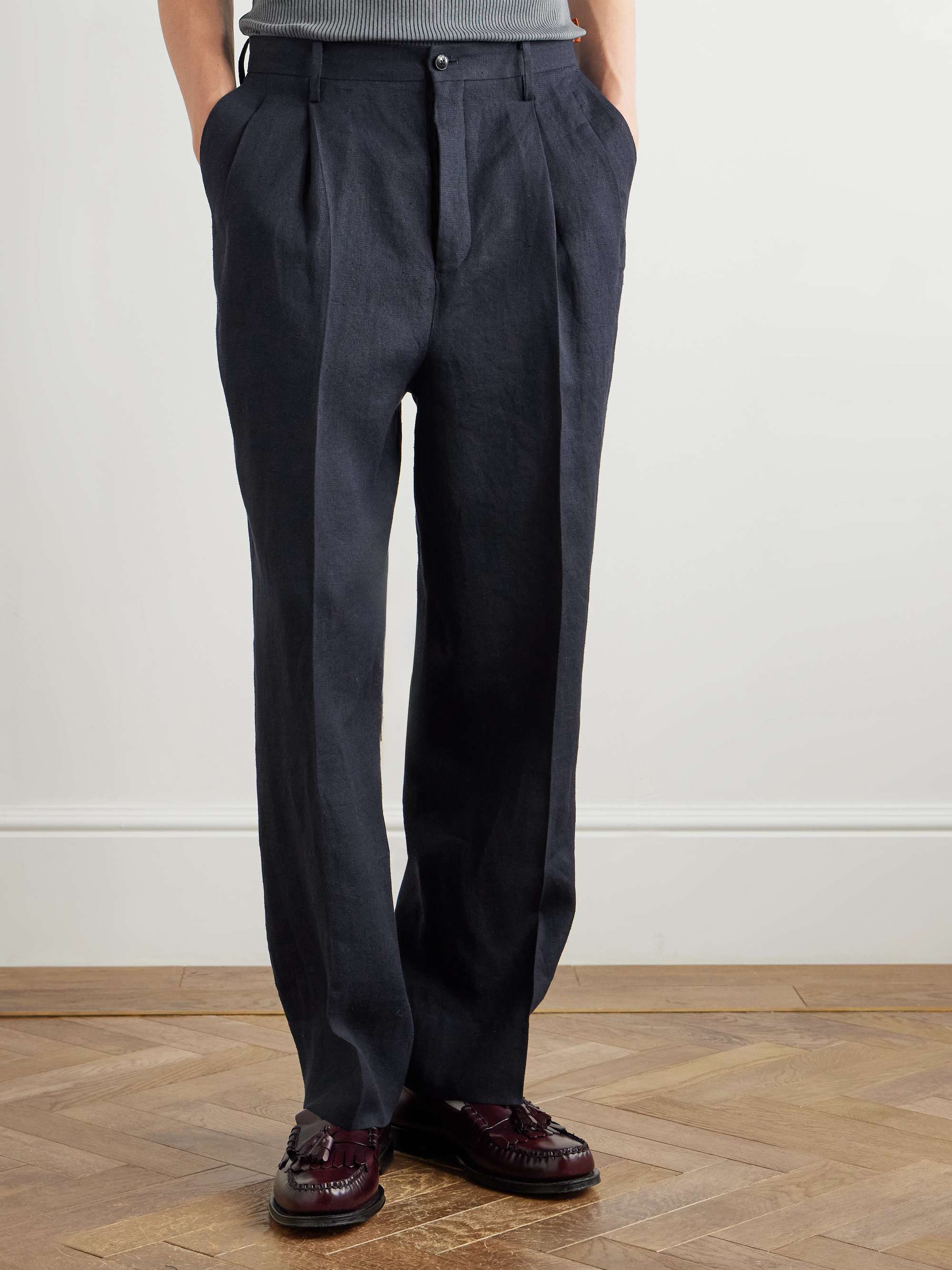 Shoecut Slacks Straight-Leg Pleated Linen and Silk-Blend Suit Trousers view