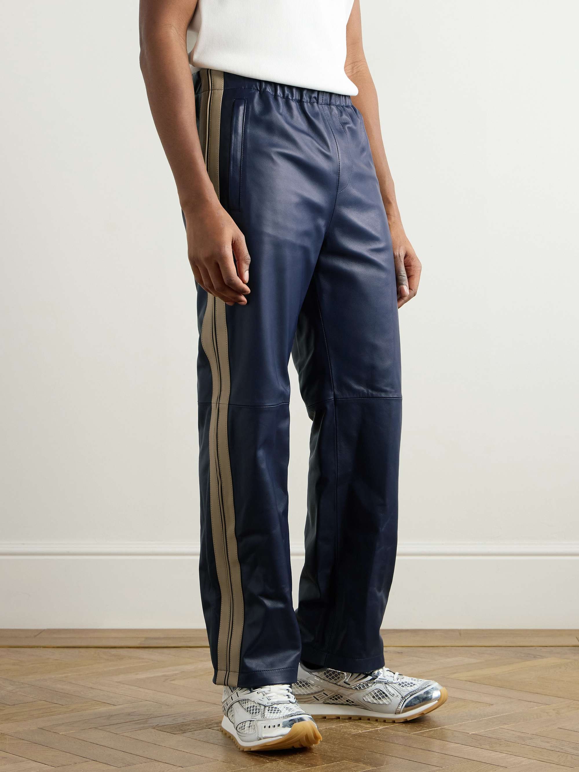 Straight-Leg Striped Leather Trousers view