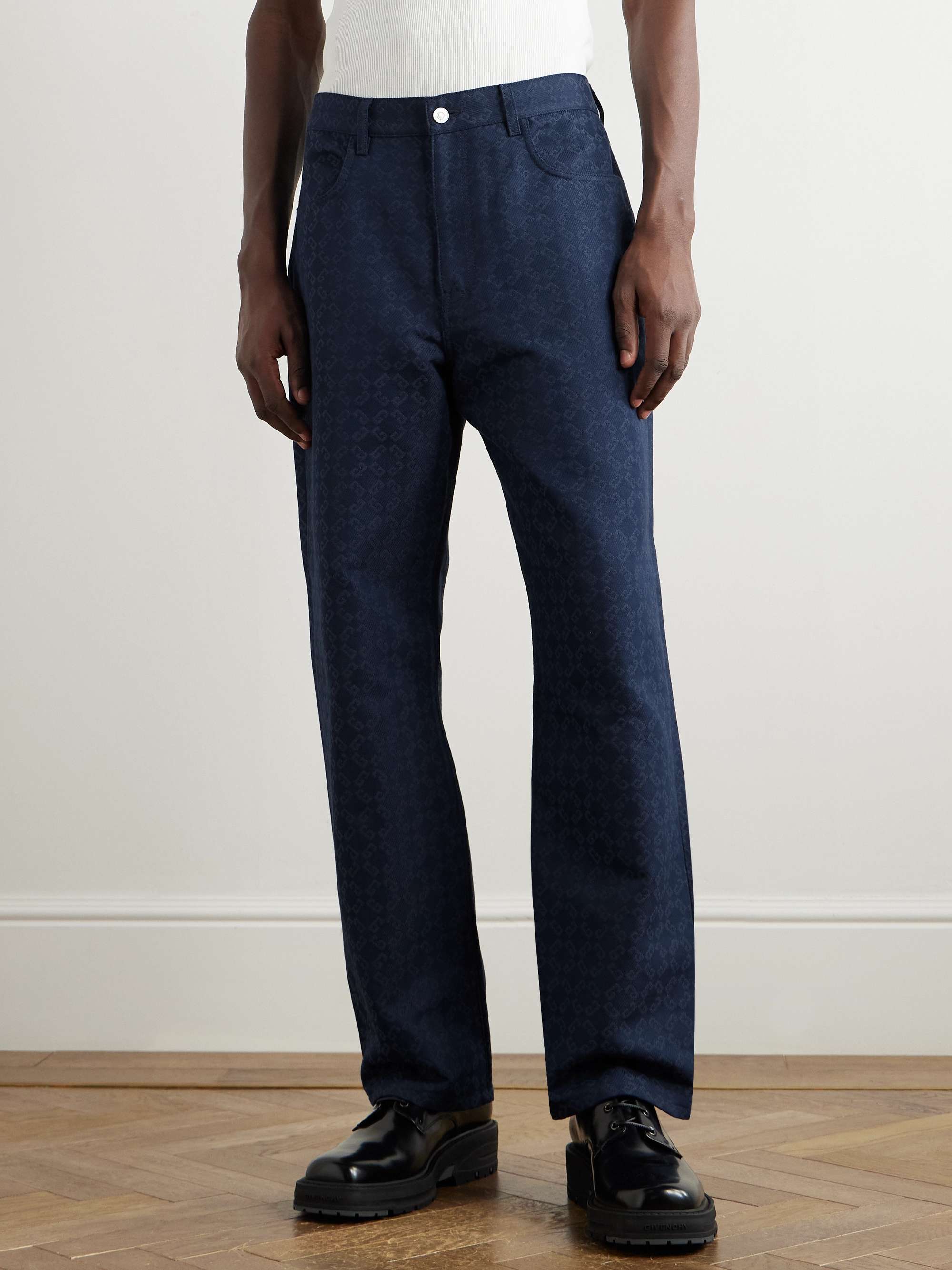 Straight-Leg Logo-Jacquard Cotton-Blend Trousers view