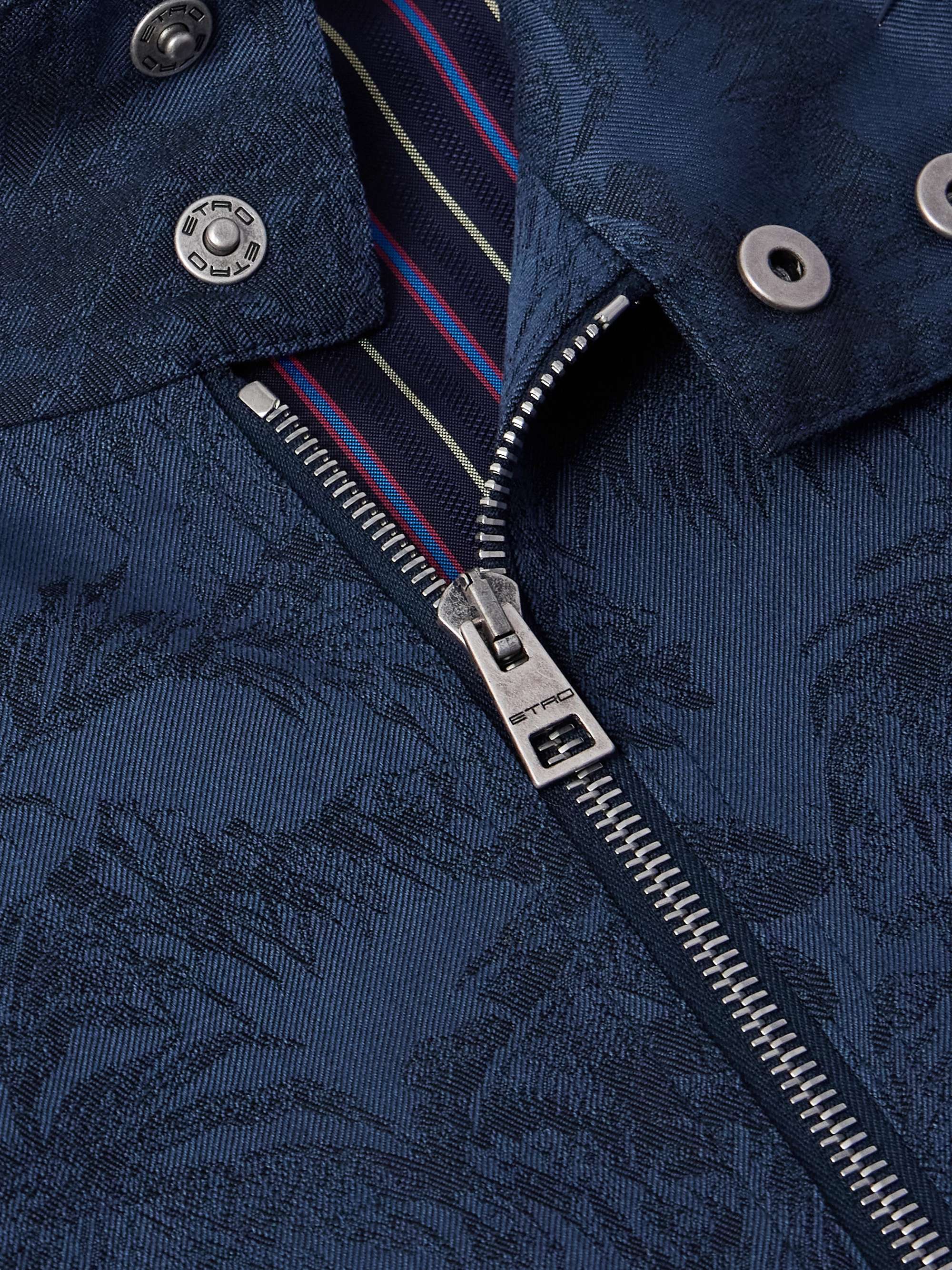 Leather-Trimmed Cotton and Wool-Blend Jacquard Bomber Jacket view