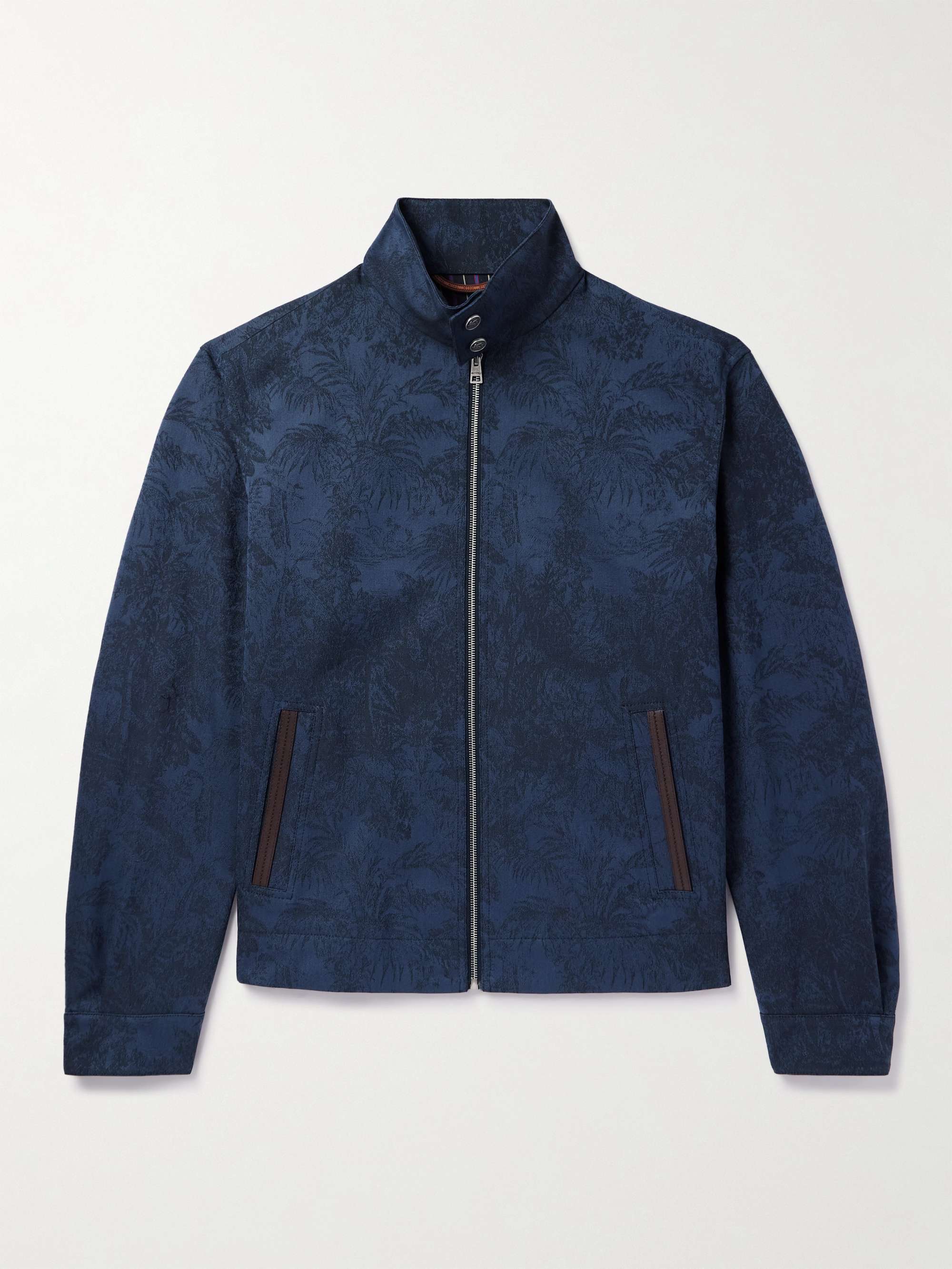 Leather-Trimmed Cotton and Wool-Blend Jacquard Bomber Jacket view