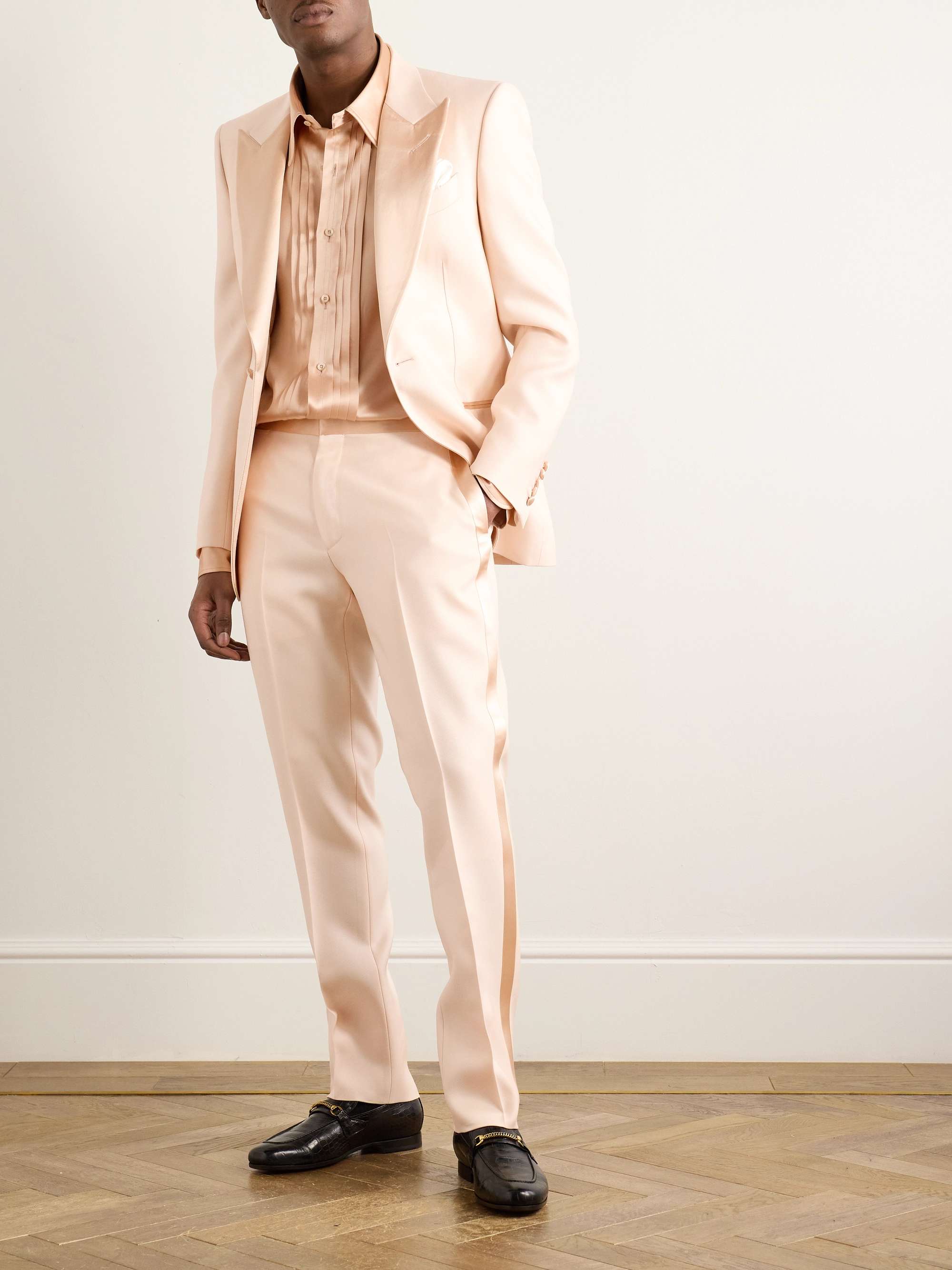 Tapered Satin-Trimmed Wool and Silk-Blend Twill Tuxedo Trousers view