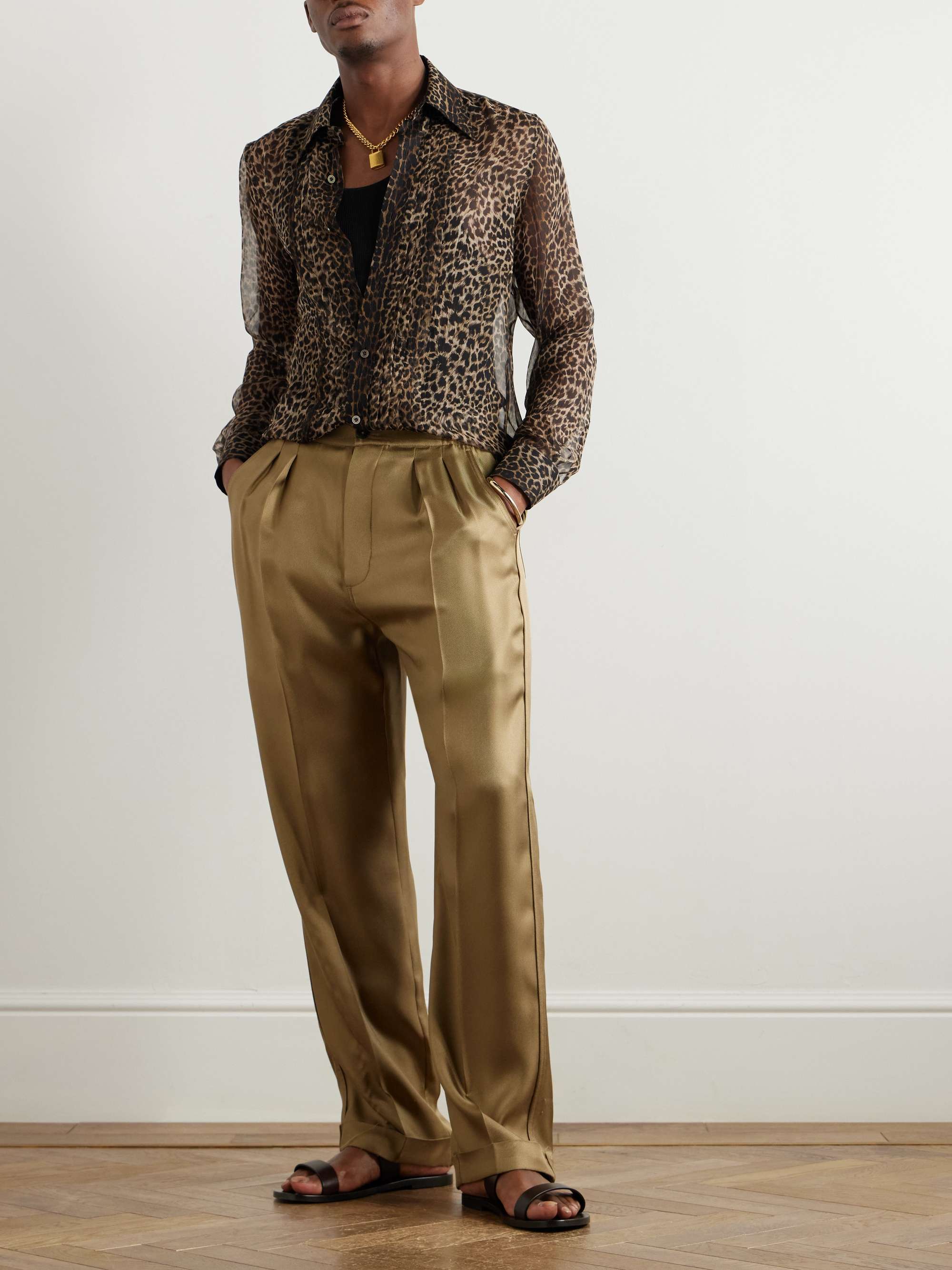 Pleated Leopard-Print Silk-Chiffon Shirt view