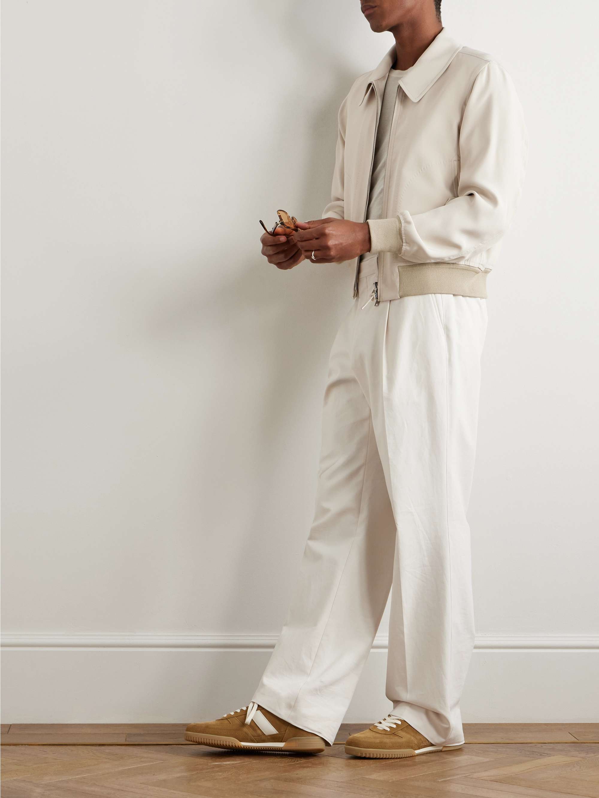 Reversible Leather-Trimmed Silk-Satin and Silk-Crepe Bomber Jacket view
