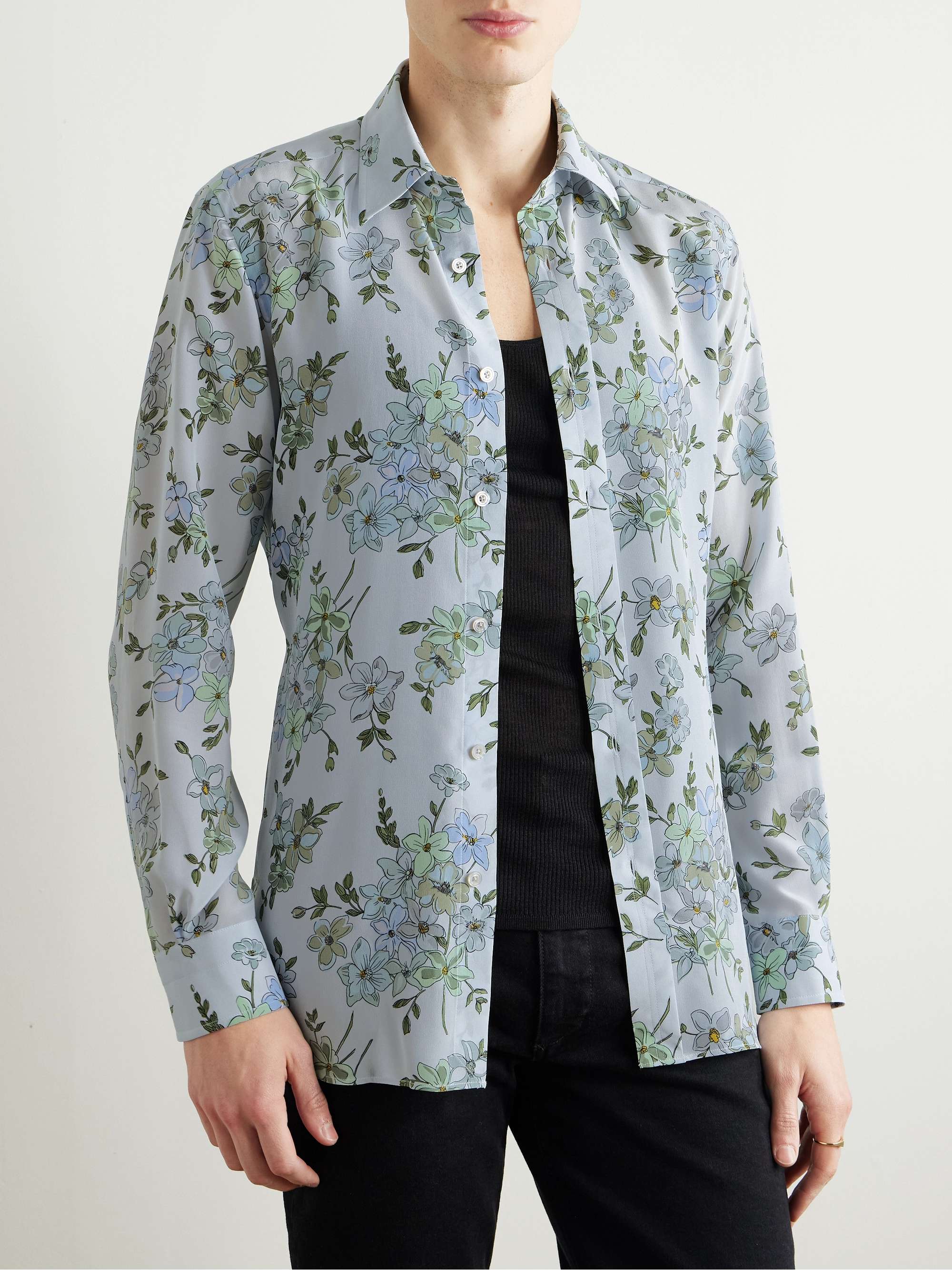 Slim-Fit Floral-Print Silk-Crepe Shirt view