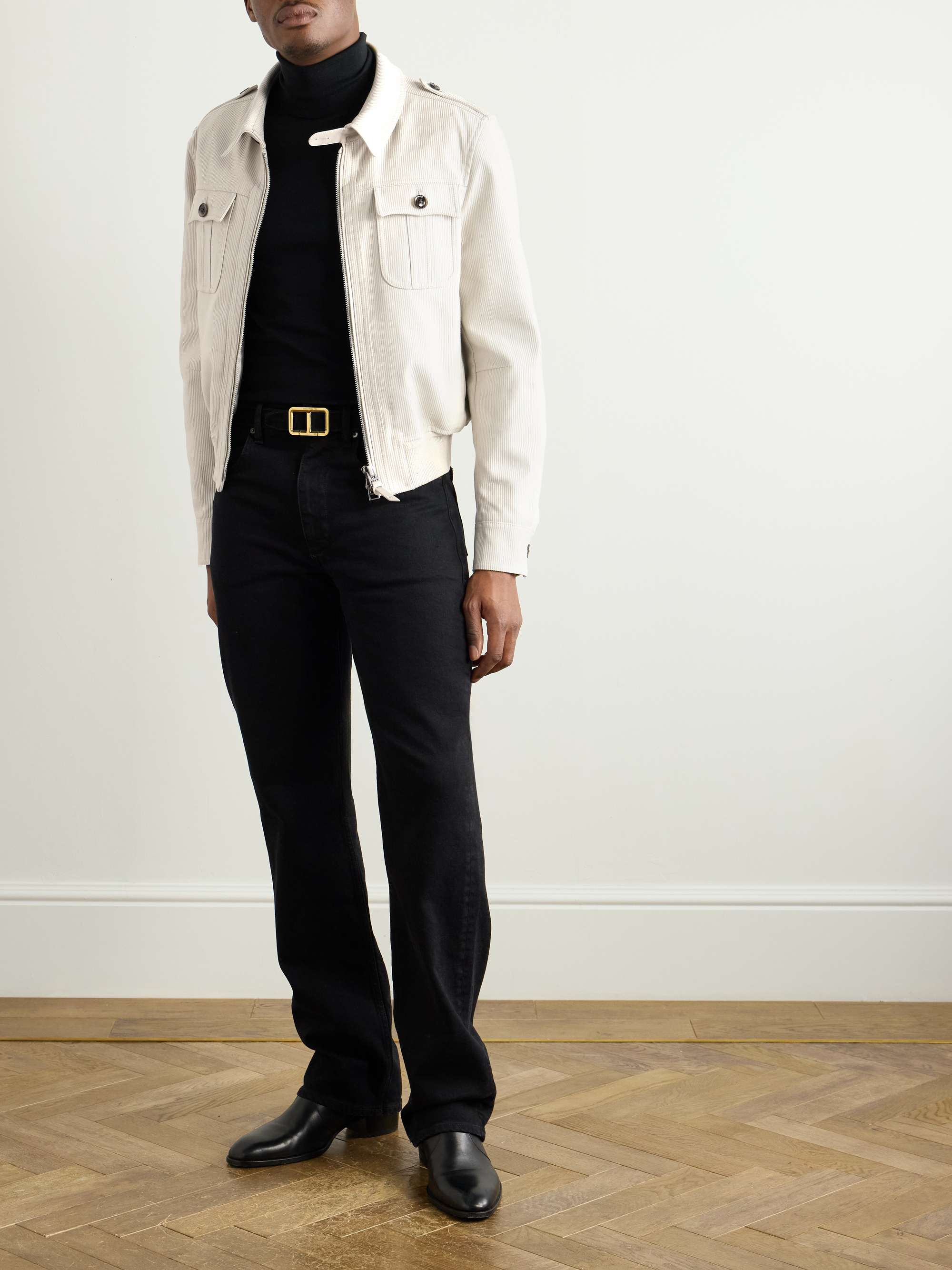 Slim-Fit Leather-Trimmed Cotton-Corduroy Jacket view