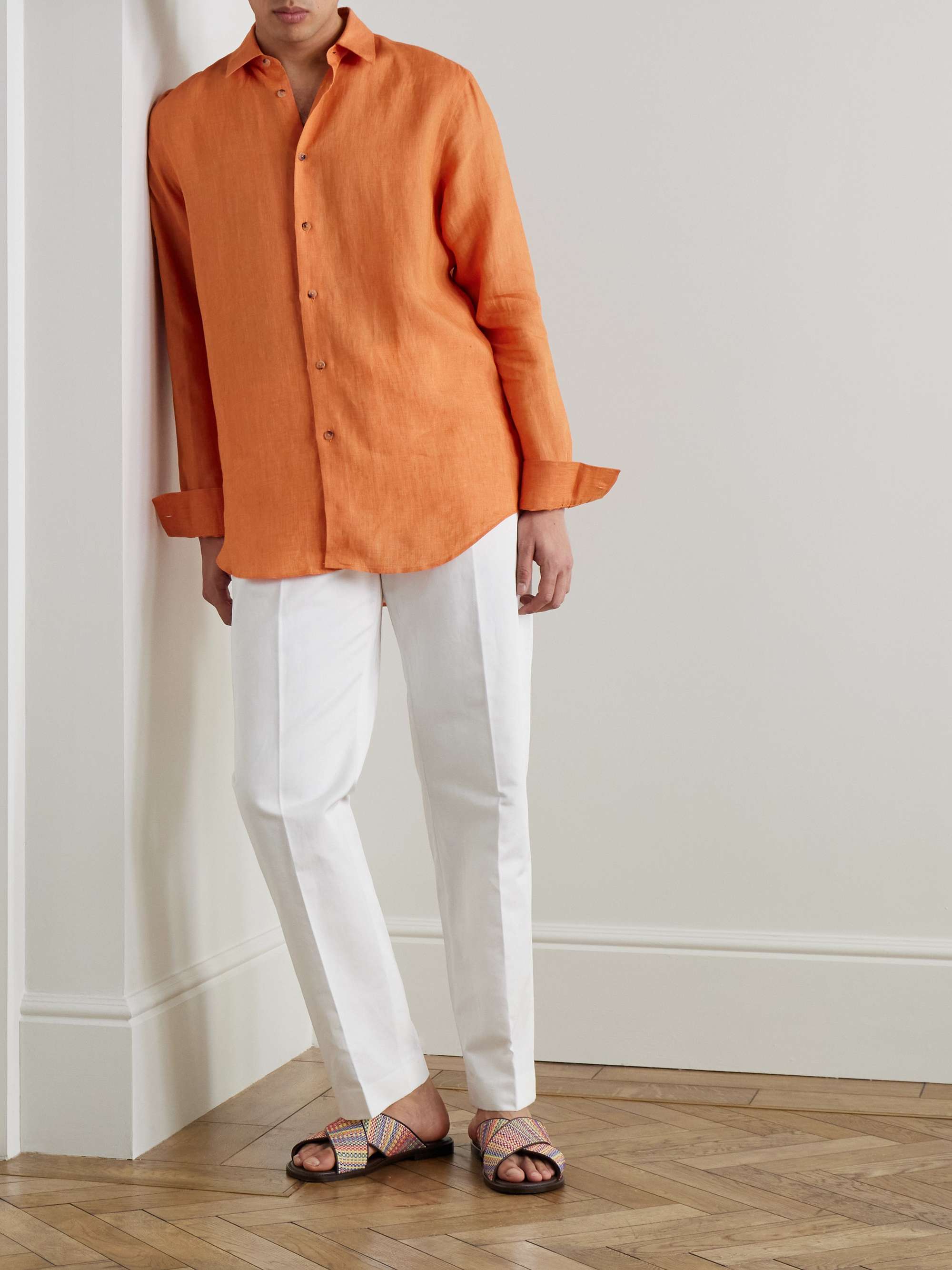 Straight-Leg Cotton and Linen-Blend Trousers view