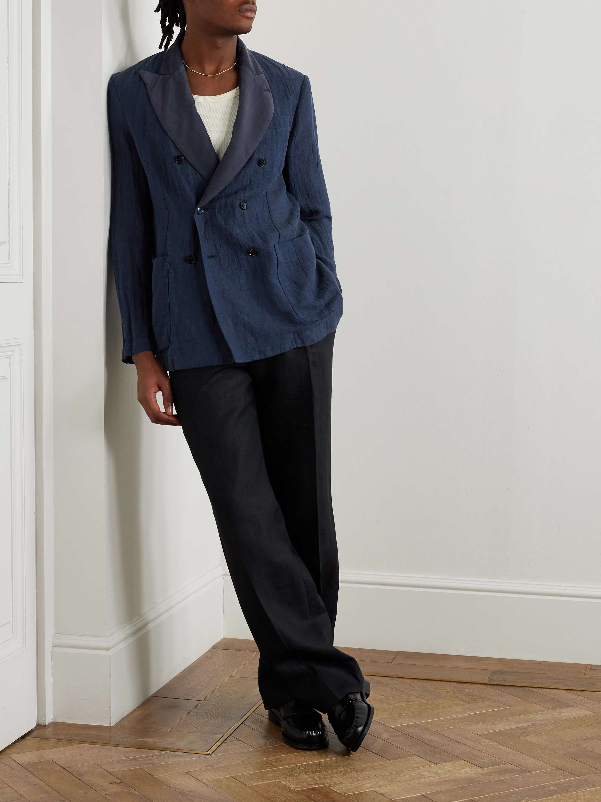 Siroco Double-Breasted Silk-Trimmed Linen and Cotton-Blend Blazer view