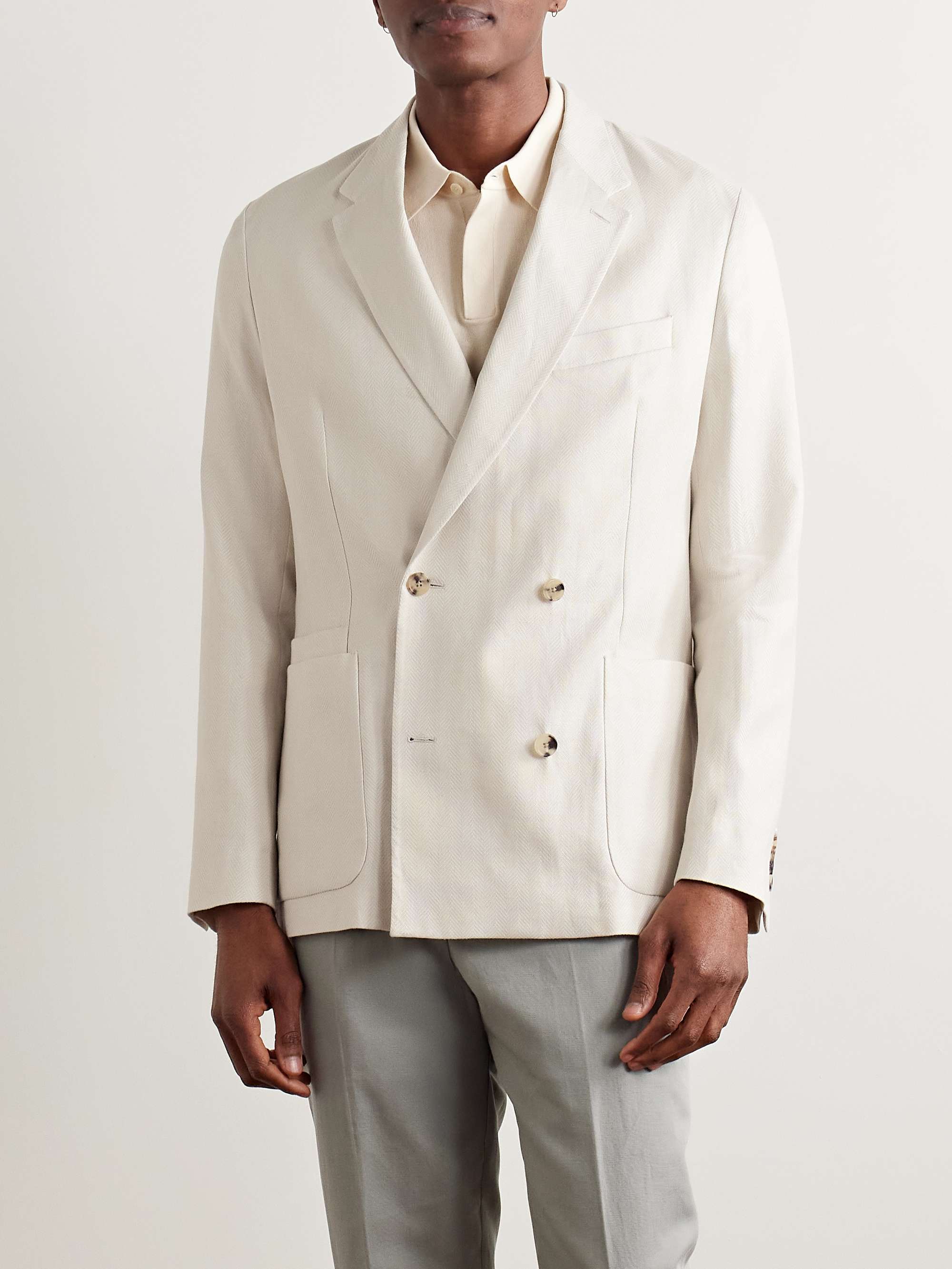 Double-Breasted Herringbone Linen and Cotton-Blend Blazer view