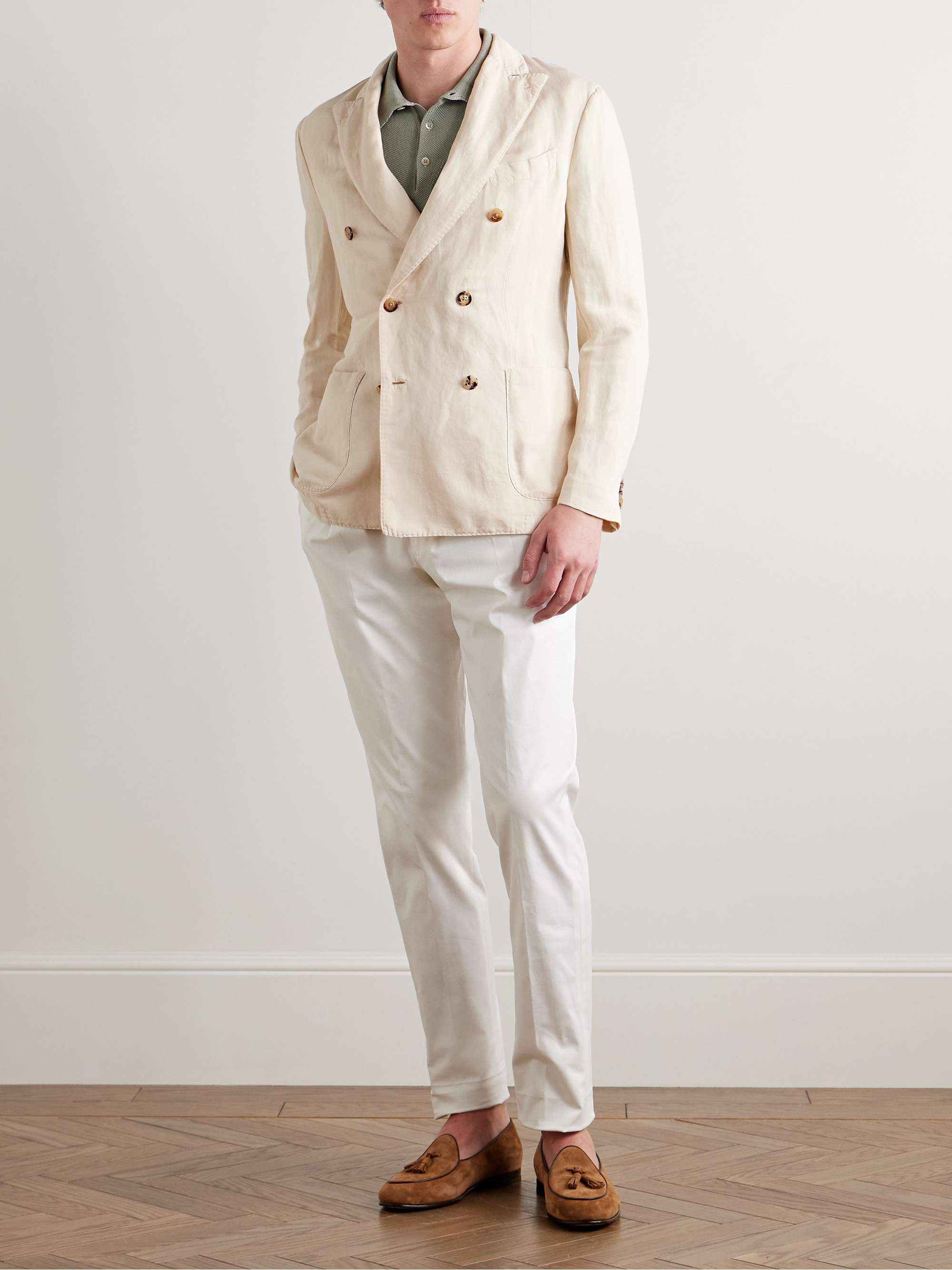 Double-Breasted Garment-Dyed Cotton and Linen-Blend Blazer view