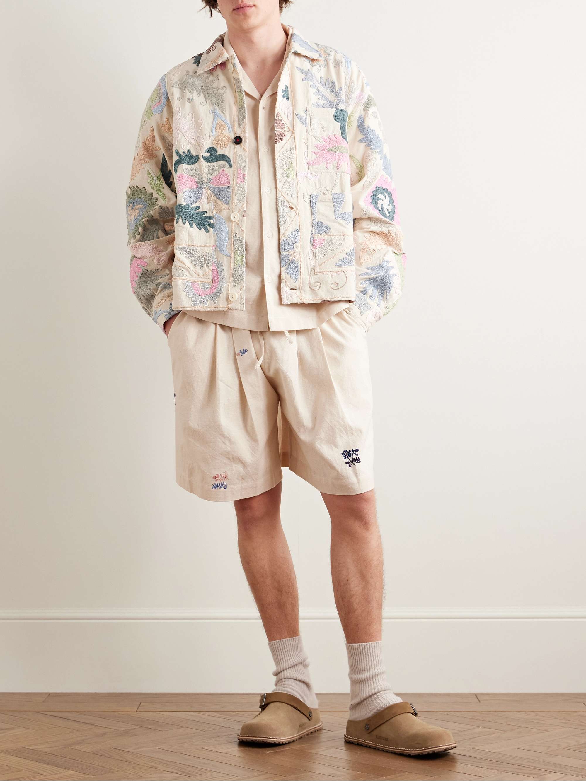 Bridge Wide-Leg Embroidered Organic Cotton-Canvas Drawstring Shorts view