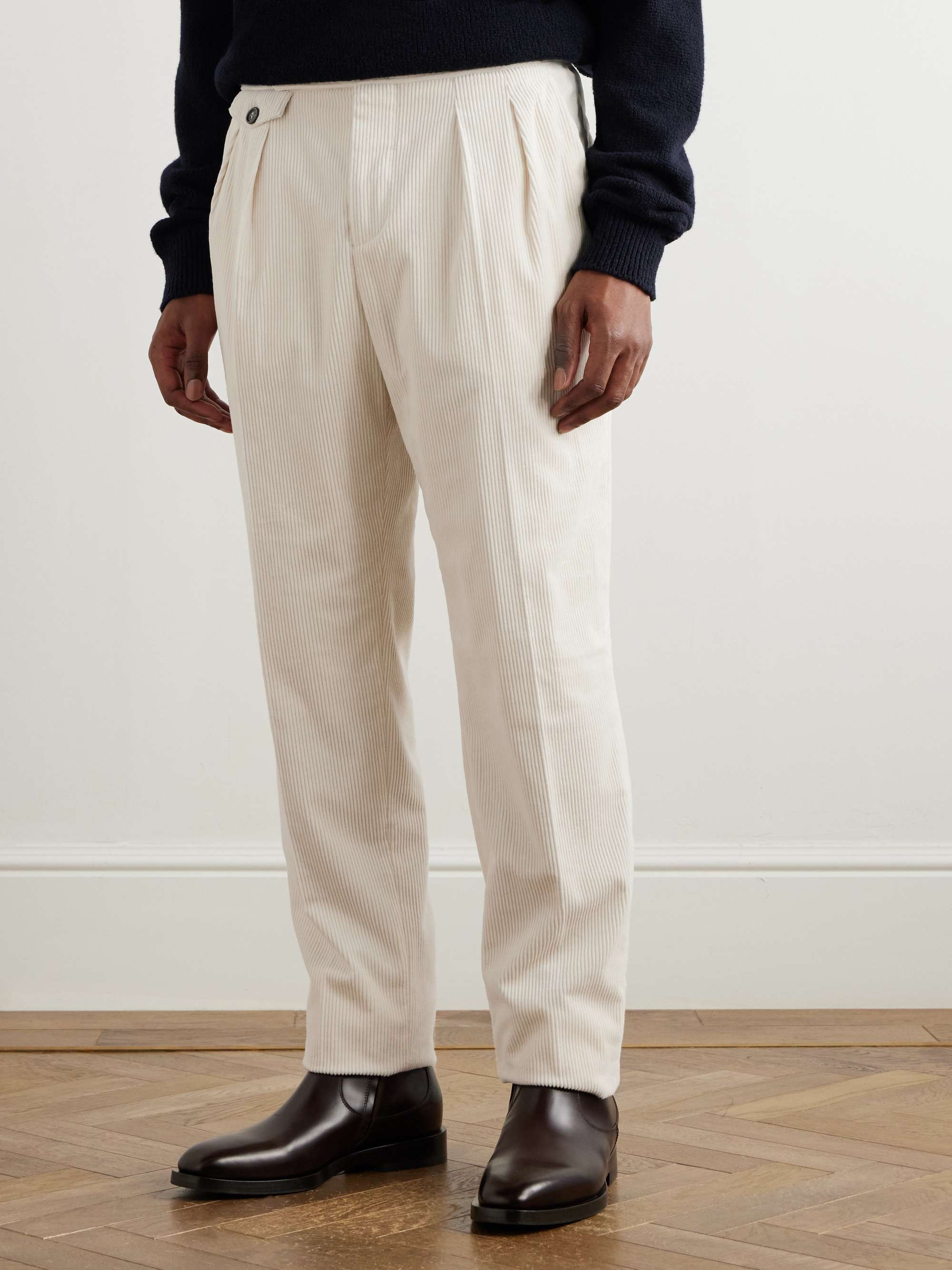 Straight-Leg Pleated Cotton-Blend Corduroy Trousers view