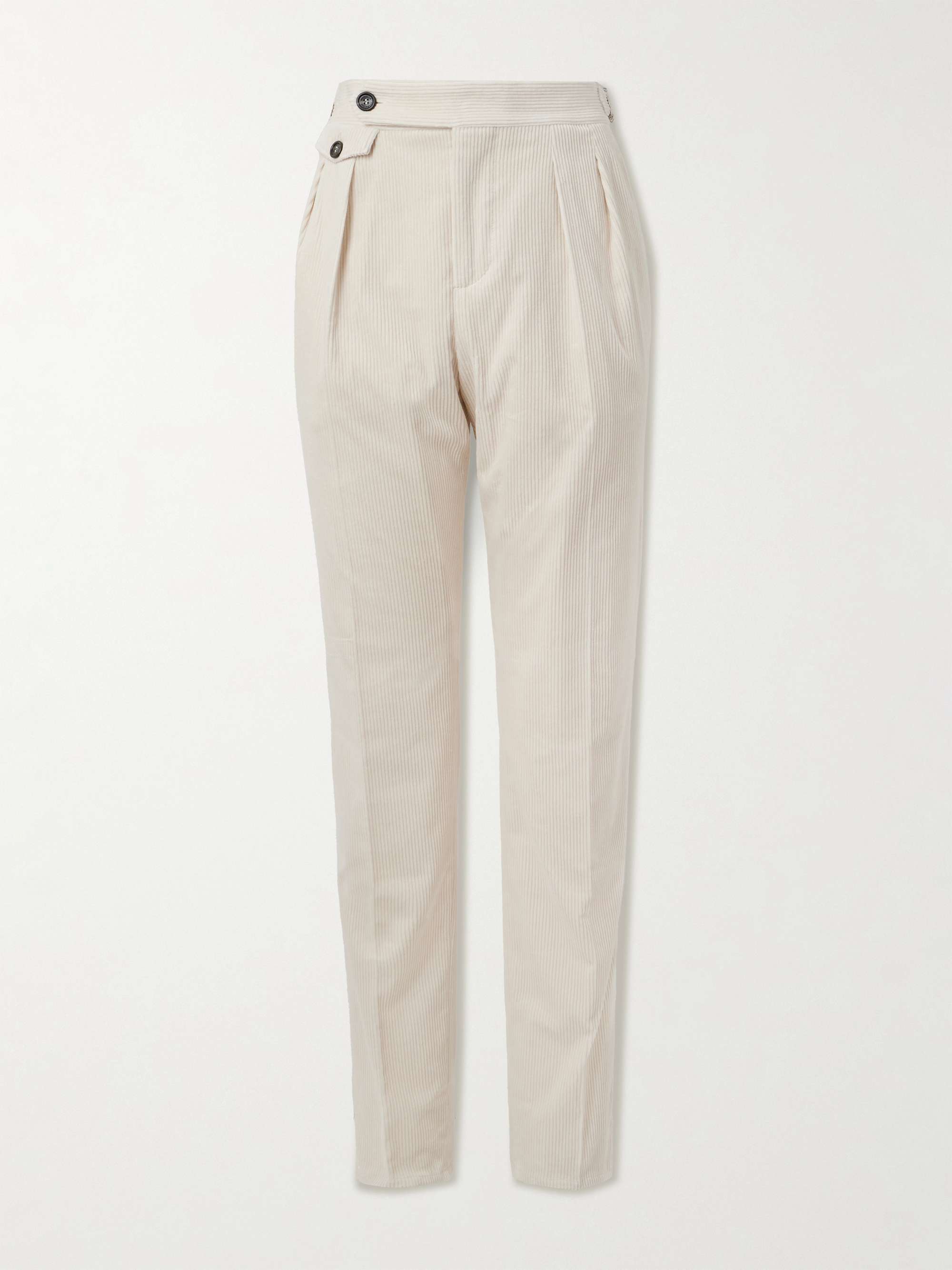 Straight-Leg Pleated Cotton-Blend Corduroy Trousers view
