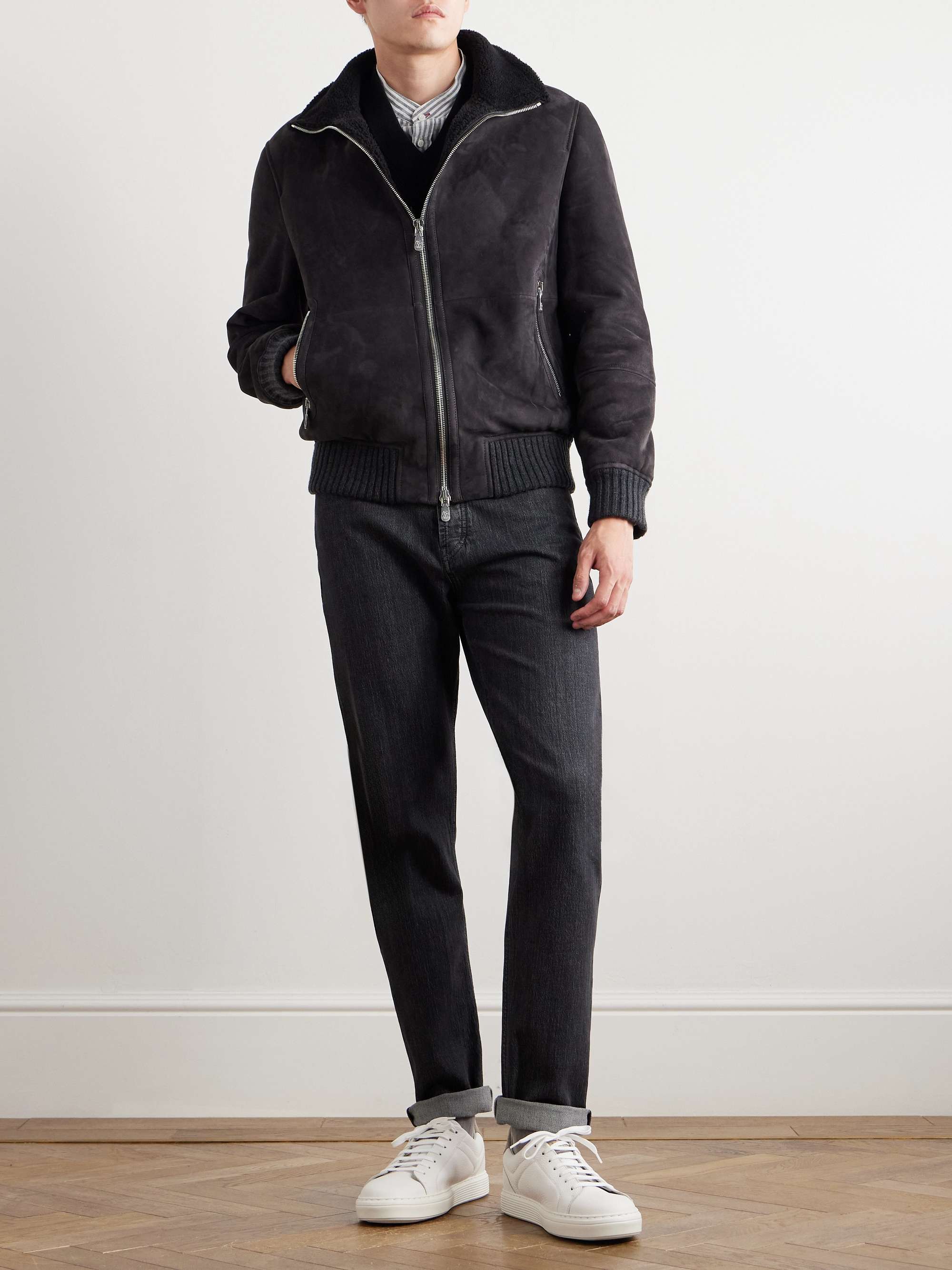 Ribbed Knit-Trimmed Shearling Bomber Jacket view