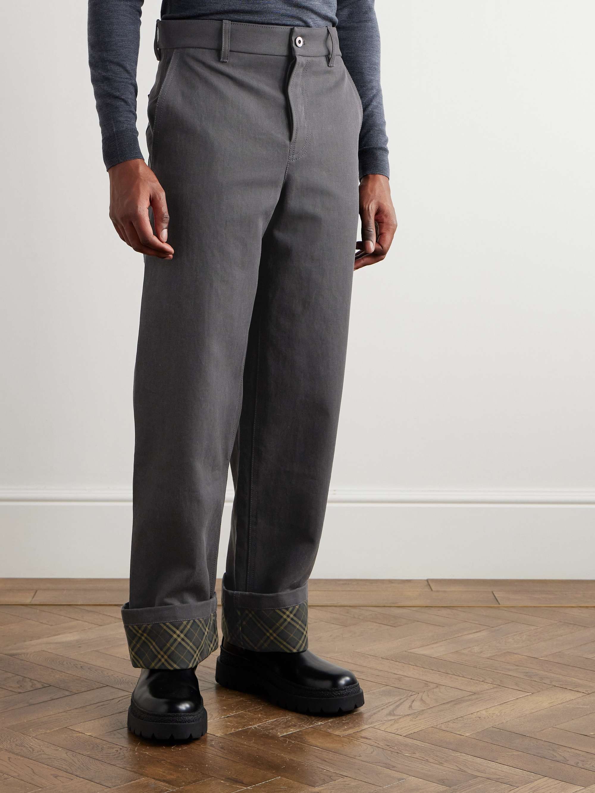 Wide-Leg Checked Twill-Trimmed Cotton-Canvas Trousers view